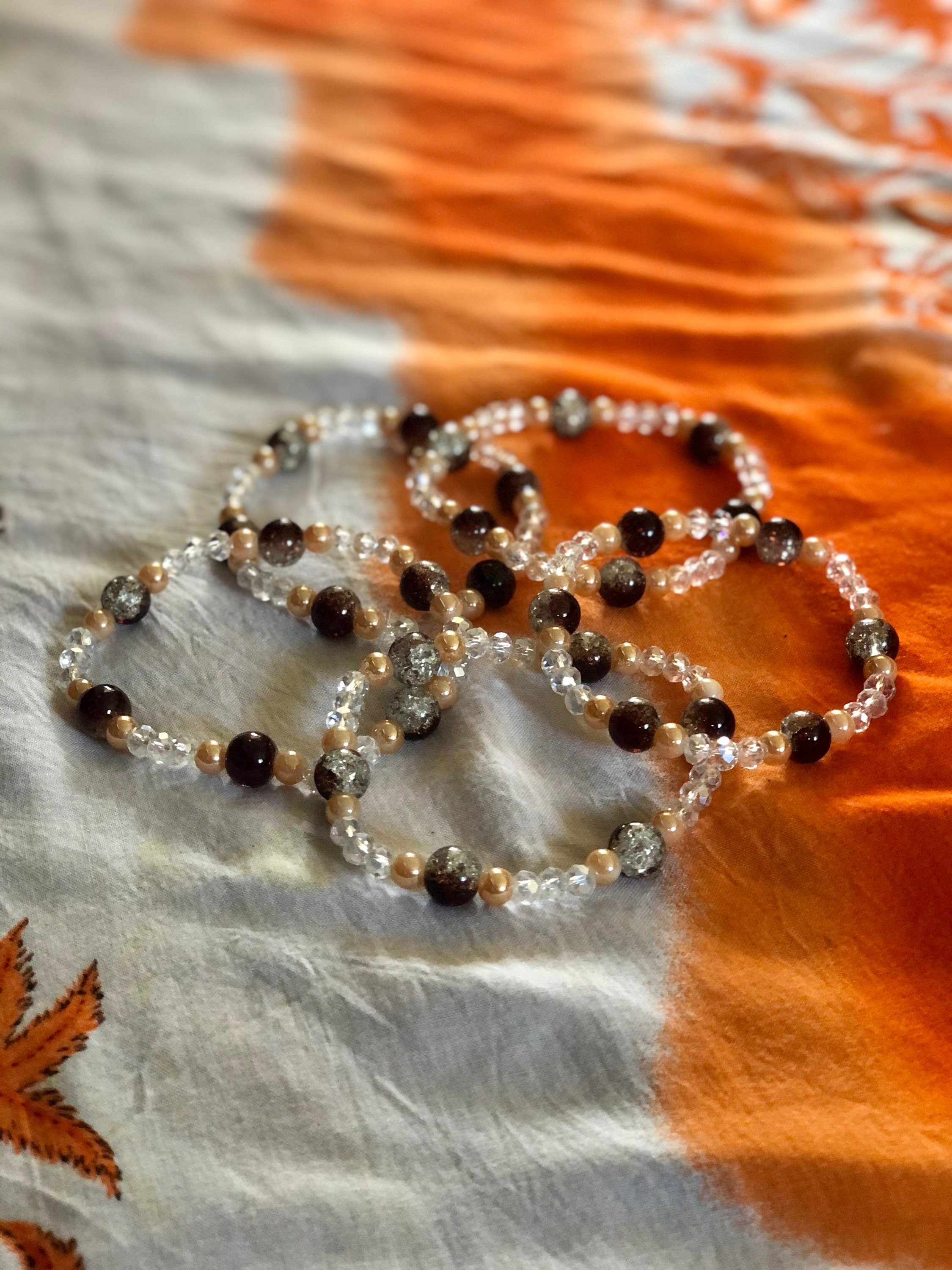 Traditional Beaded bracelet Tan/Crystal/Chestnut