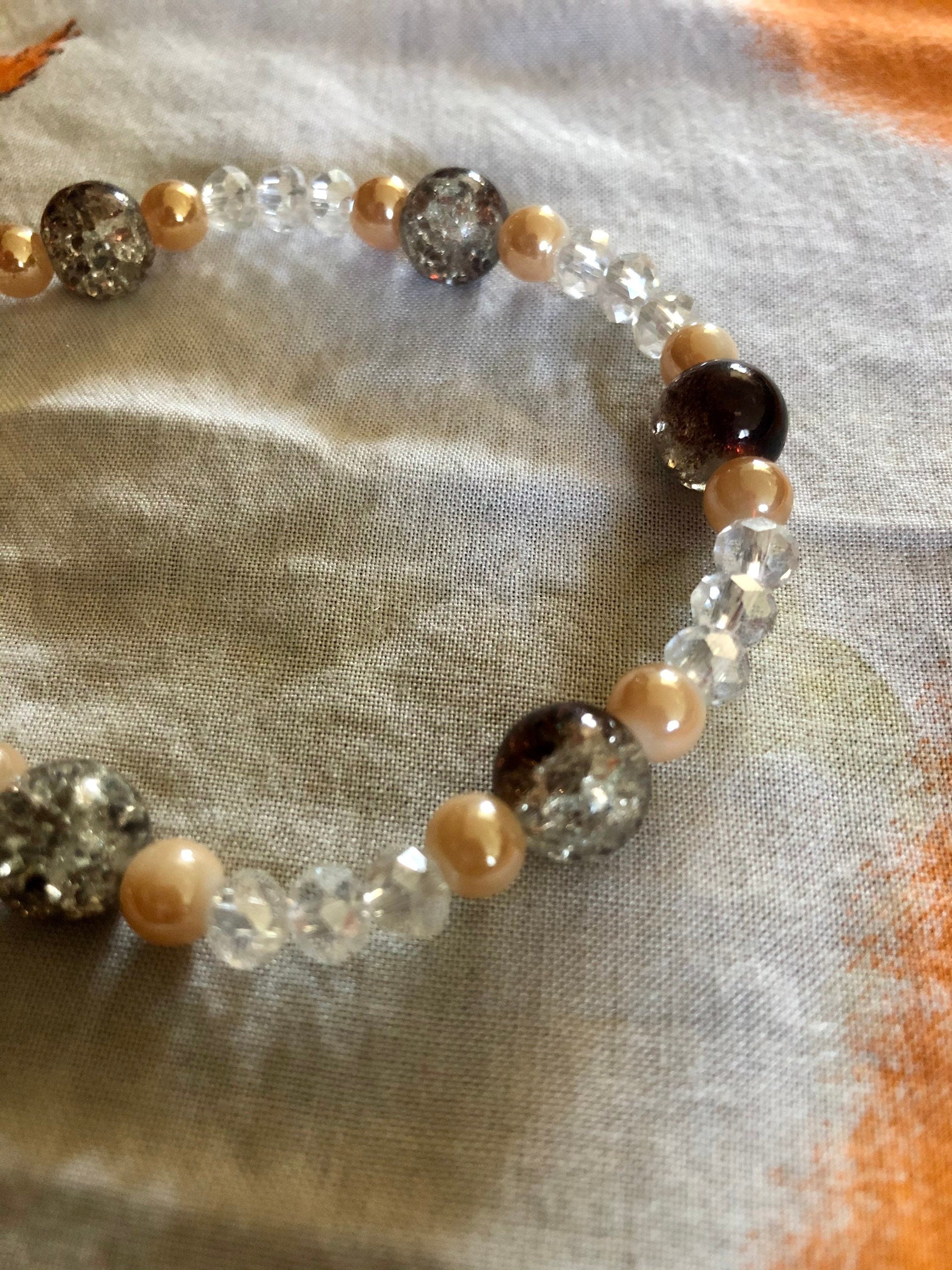 Traditional Beaded bracelet Tan/Crystal/Chestnut