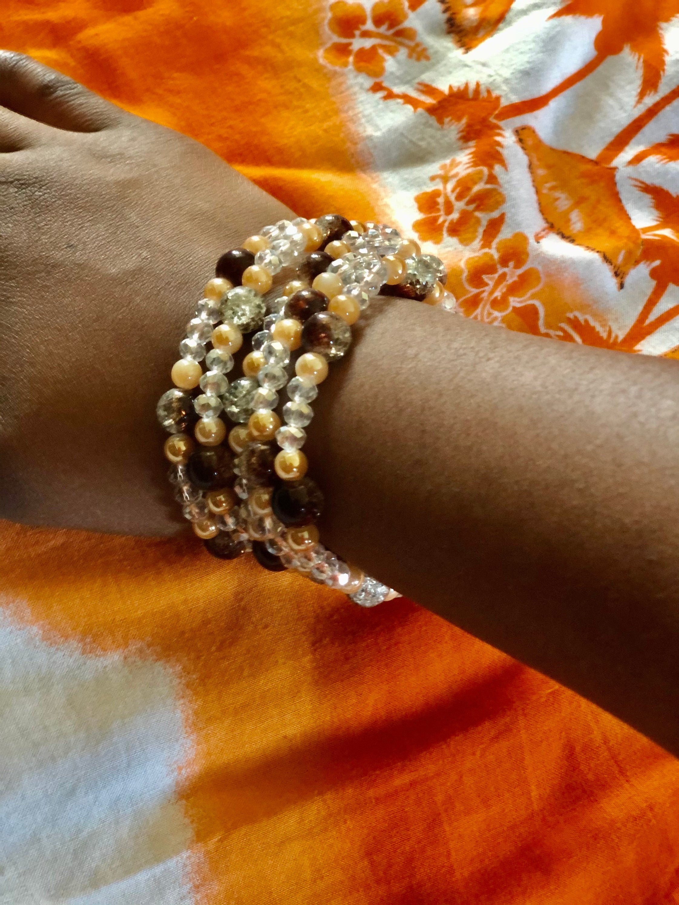 Traditional Beaded bracelet Tan/Crystal/Chestnut