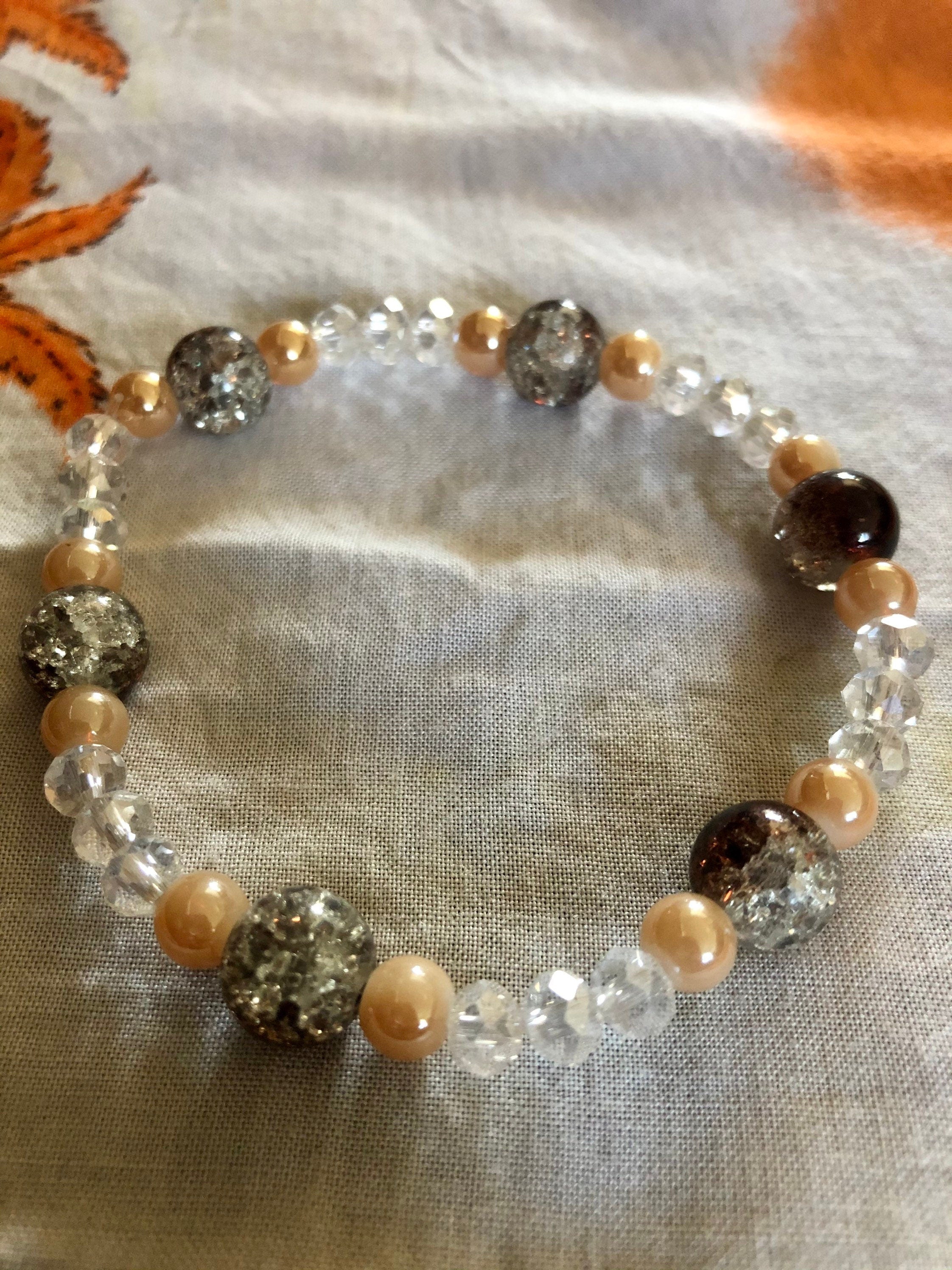 Traditional Beaded bracelet Tan/Crystal/Chestnut