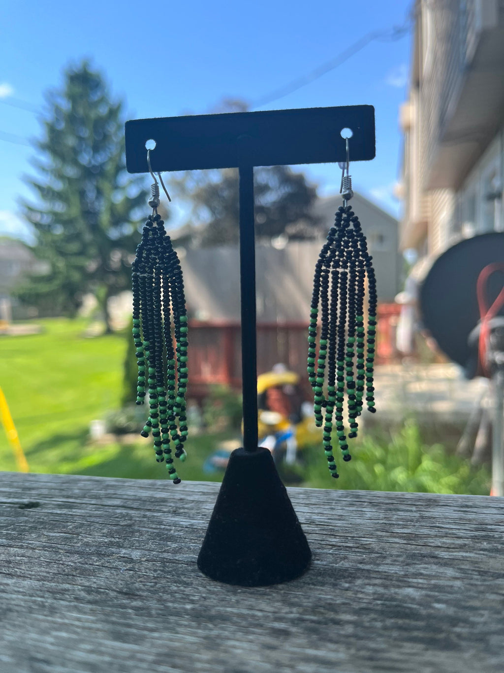 Black and Green Beaded TASSEL Earrings