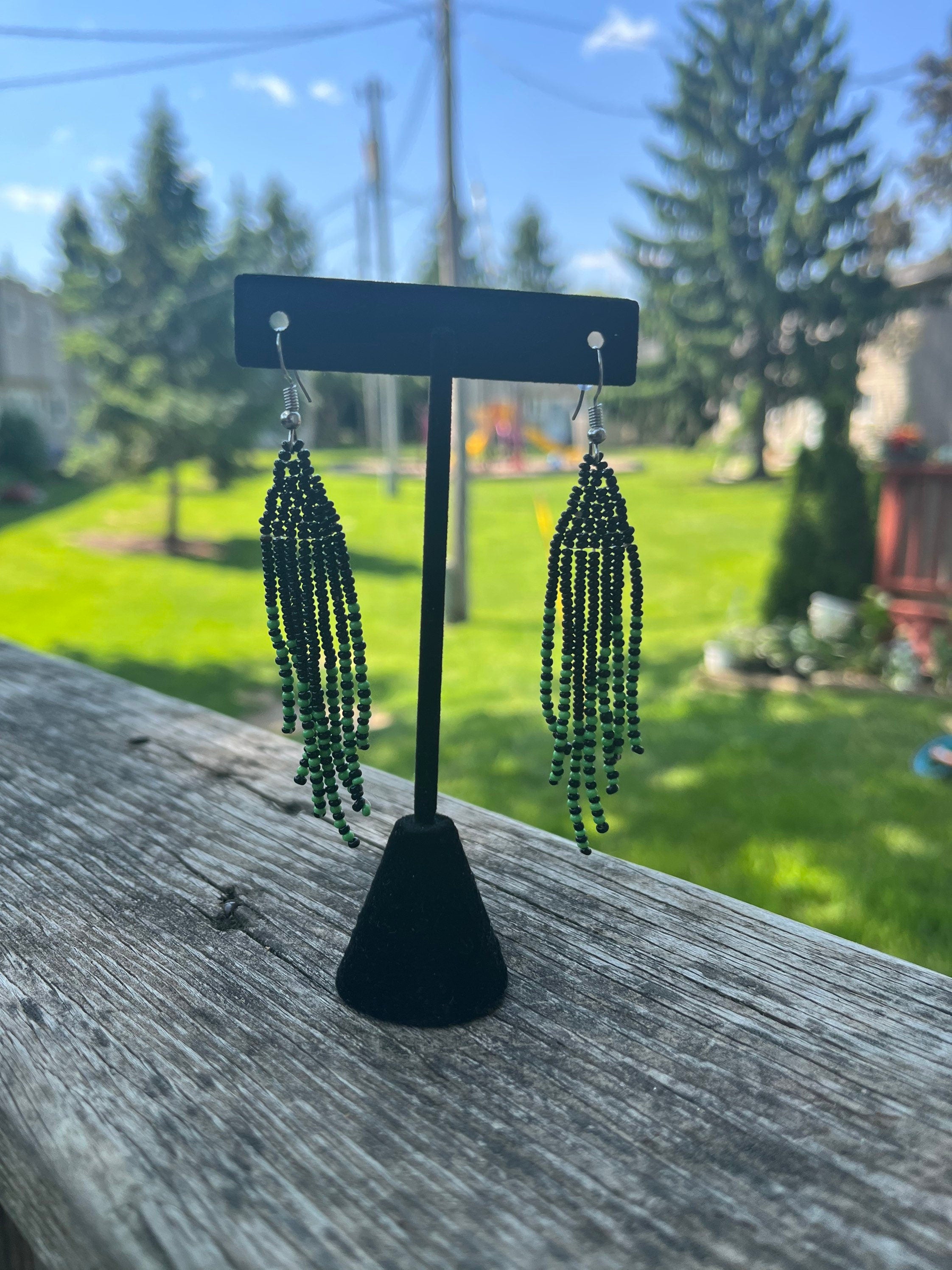 Black and Green Beaded TASSEL Earrings