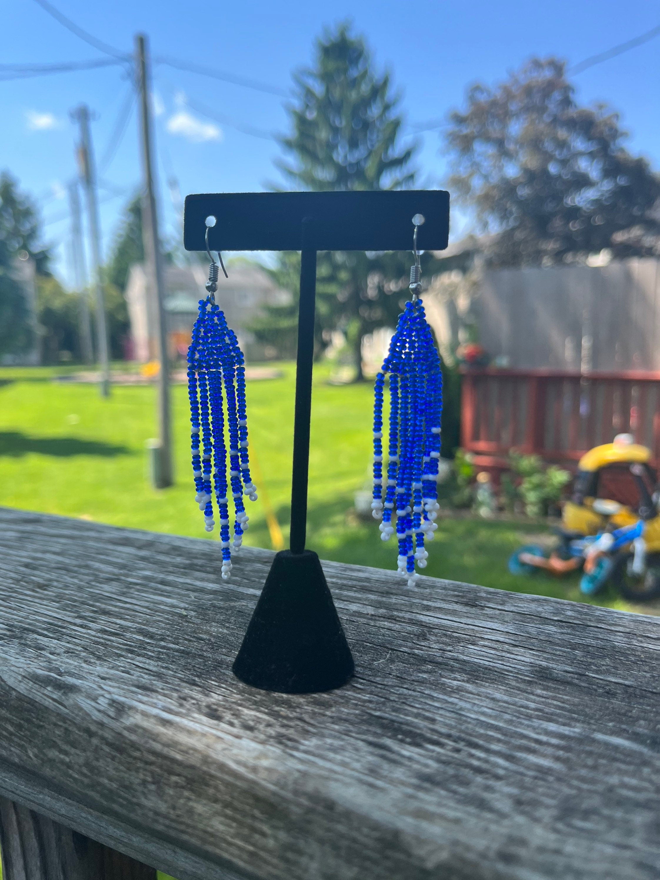 Blue and White Beaded TASSEL Earrings