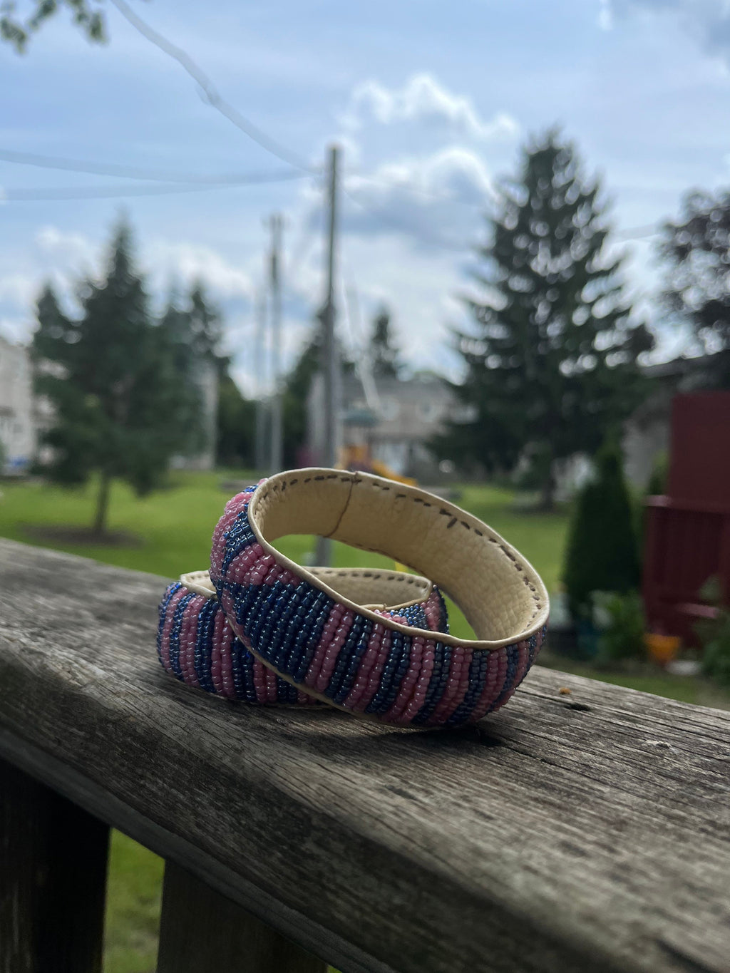 Pink and Violet Beaded Bracelet with leather inside made in Mali (West Africa)