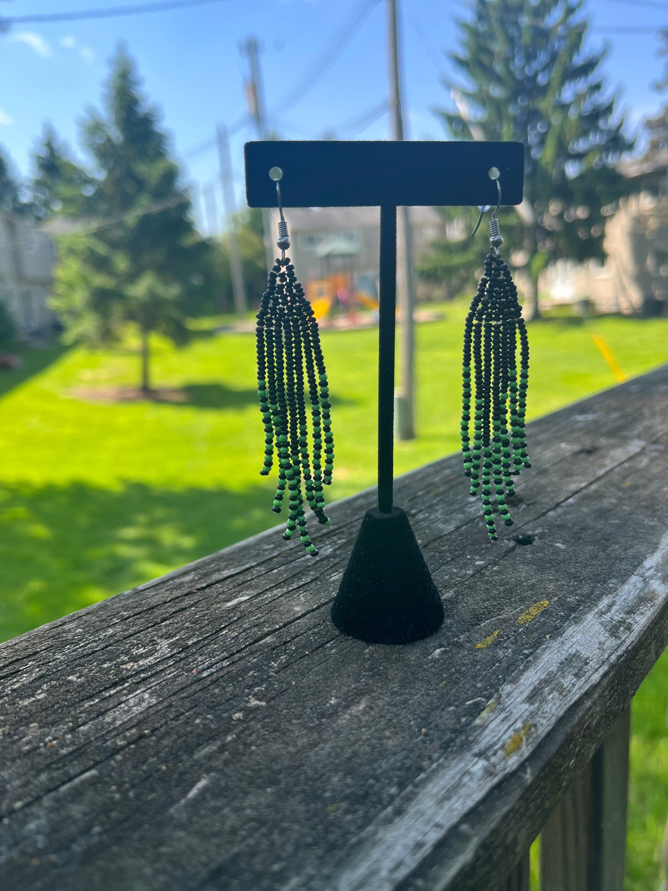 Black and Green Beaded TASSEL Earrings