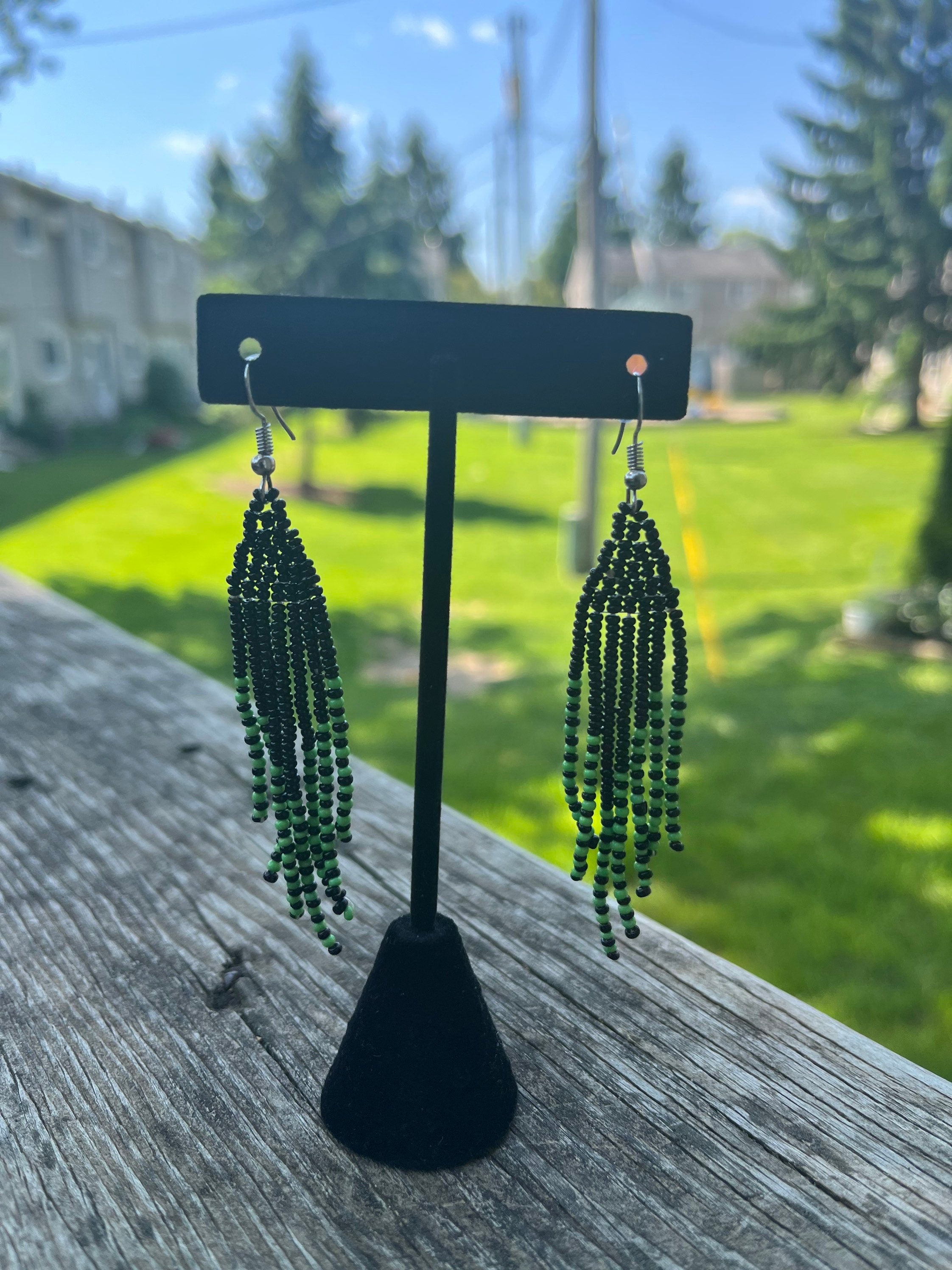 Black and Green Beaded TASSEL Earrings
