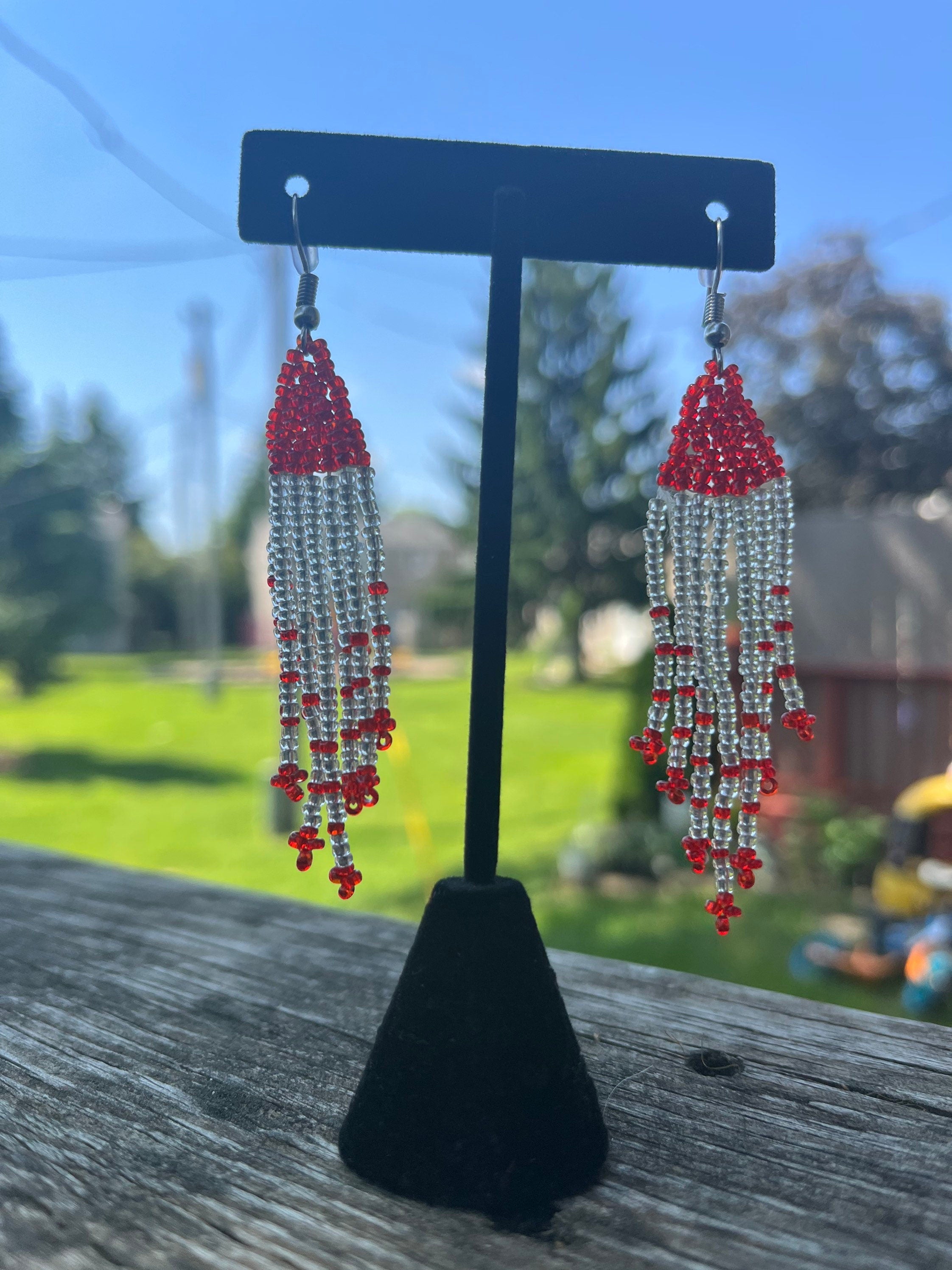 Red and Crystal Beaded TASSEL Earrings