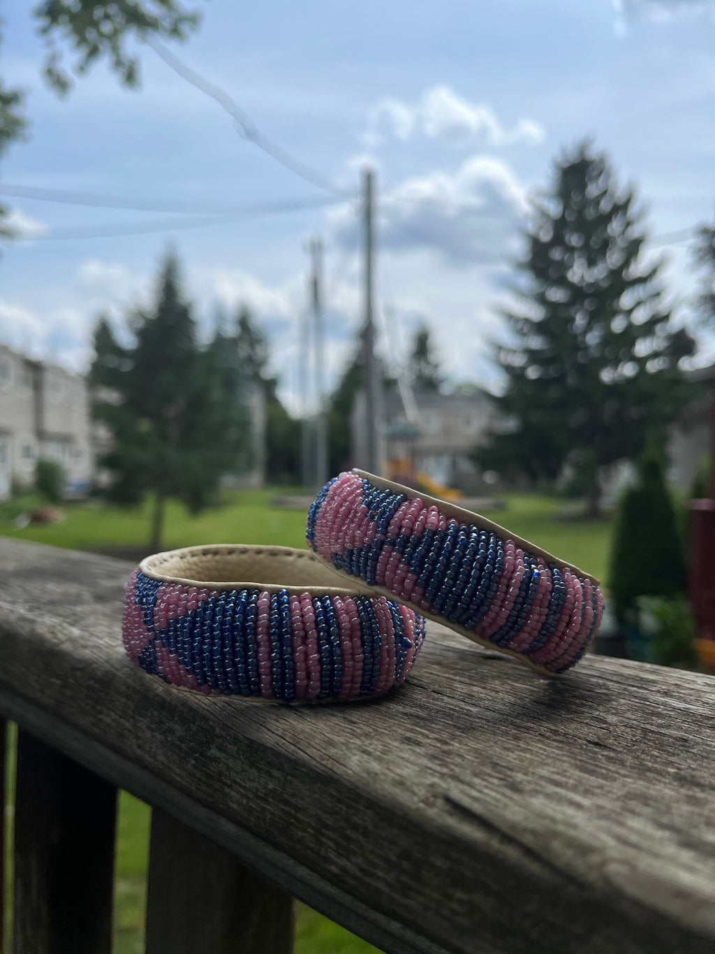 Pink and Violet Beaded Bracelet with leather inside made in Mali (West Africa)