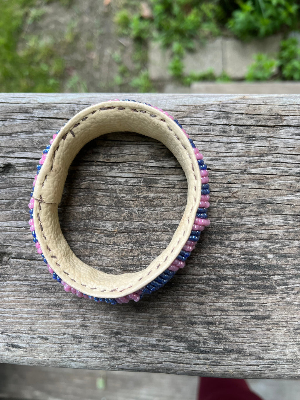 Pink and Violet Beaded Bracelet with leather inside made in Mali (West Africa)