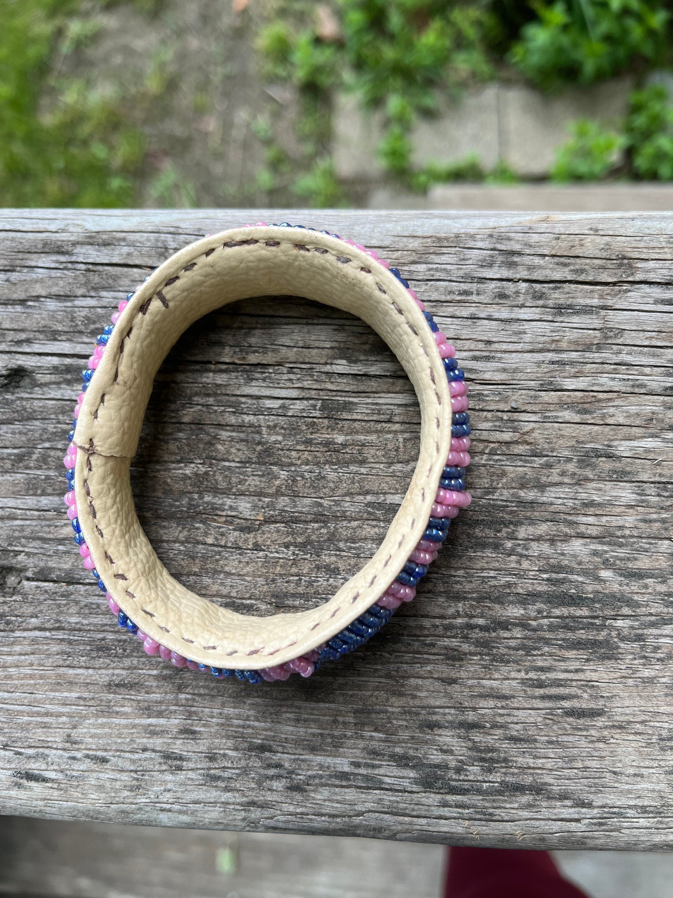 Pink and Violet Beaded Bracelet with leather inside made in Mali (West Africa)