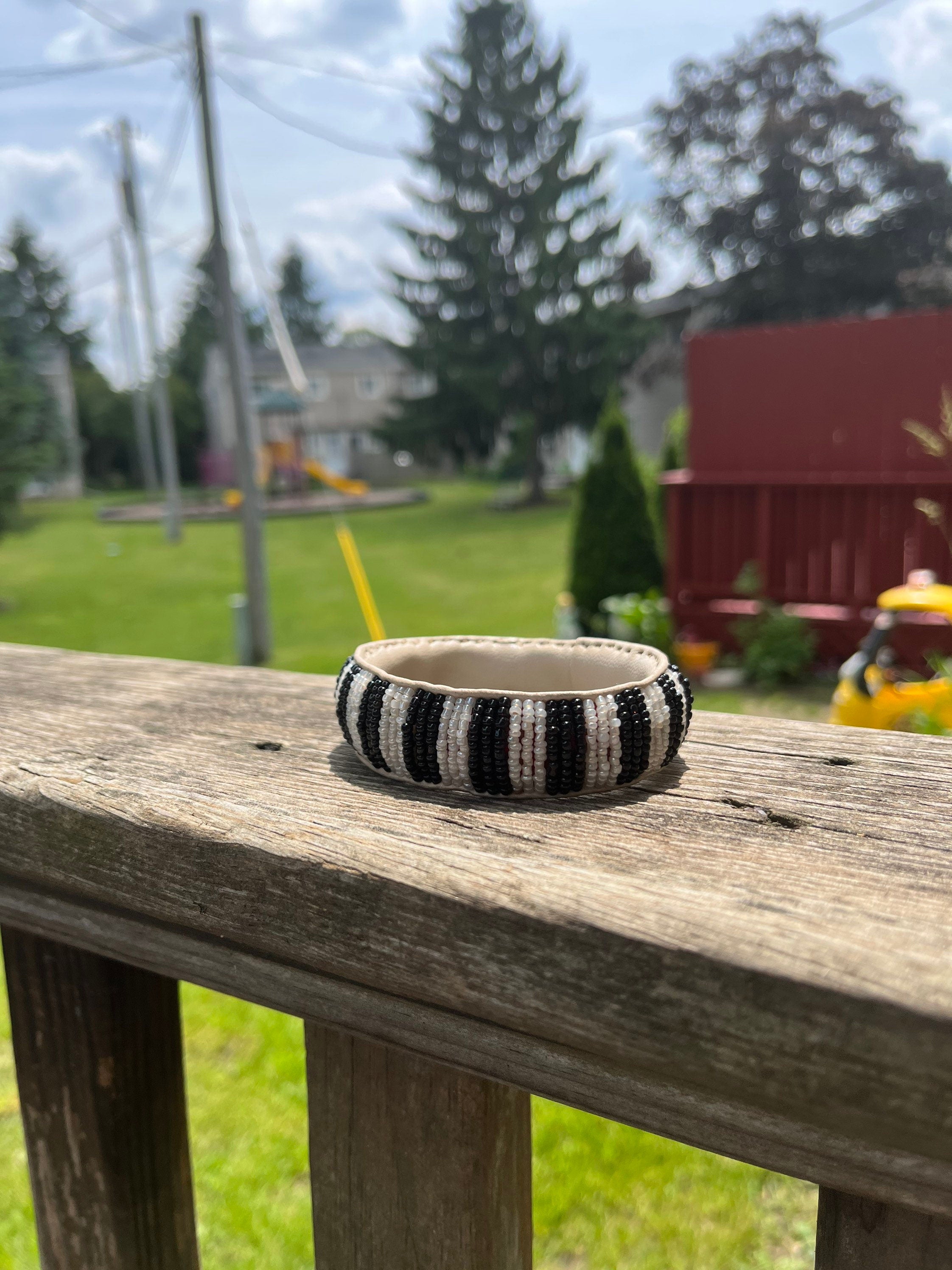 BLACK and WHITE Beaded Bracelet with leather inside made in Mali (West Africa)
