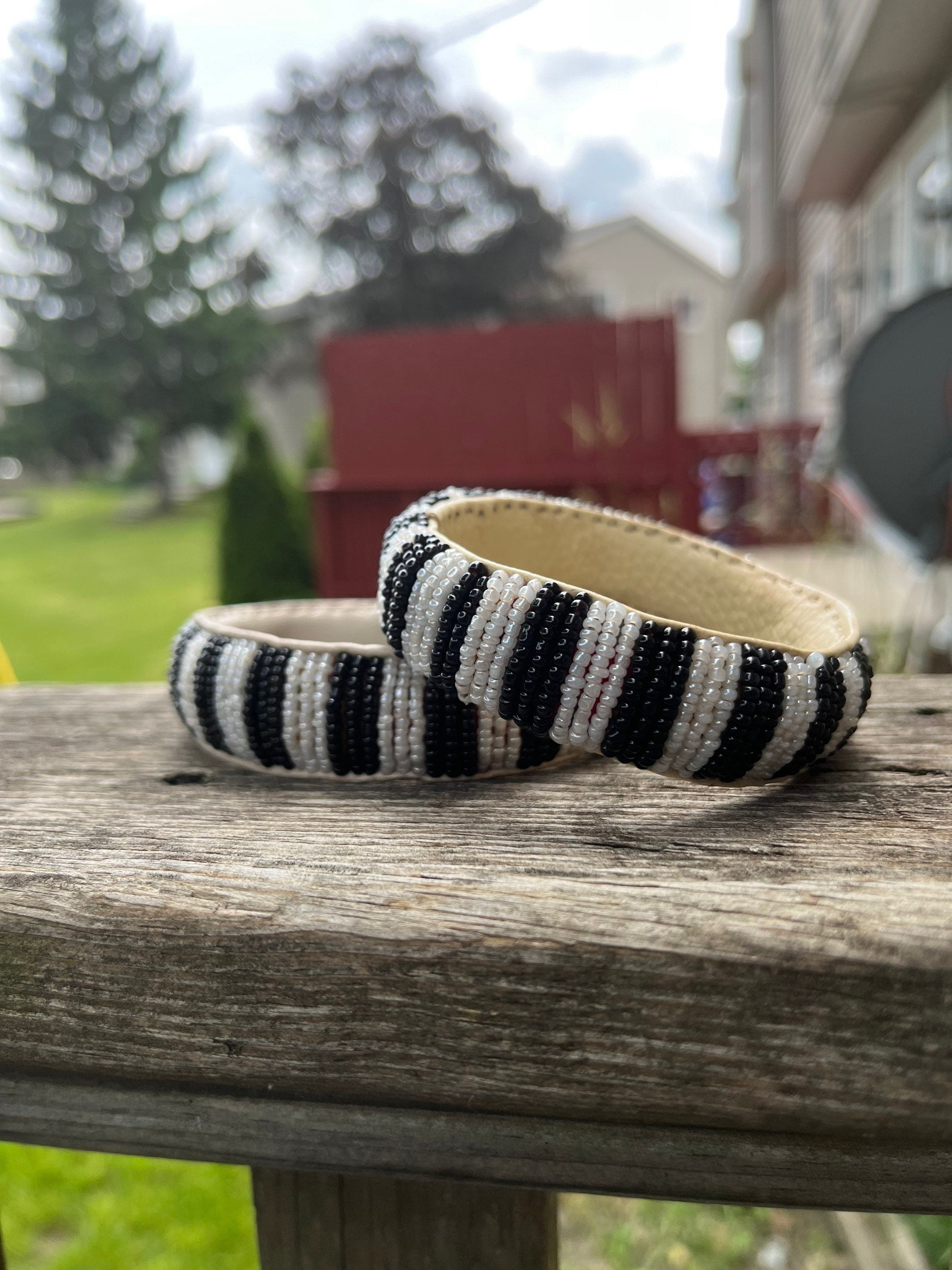 BLACK and WHITE Beaded Bracelet with leather inside made in Mali (West Africa)