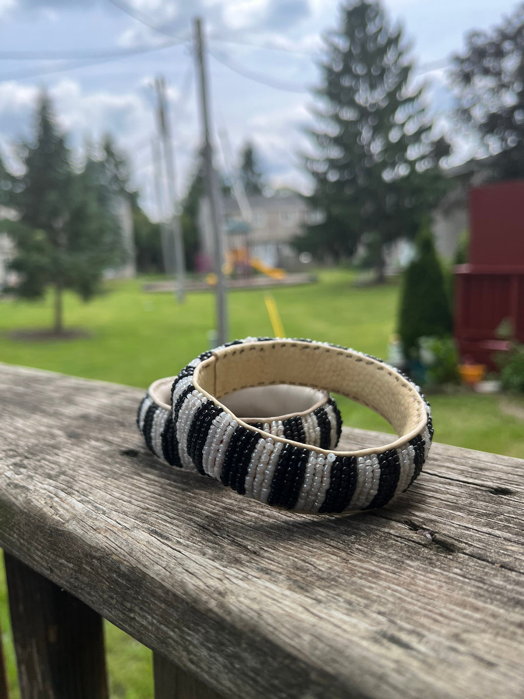 BLACK and WHITE Beaded Bracelet with leather inside made in Mali (West Africa)