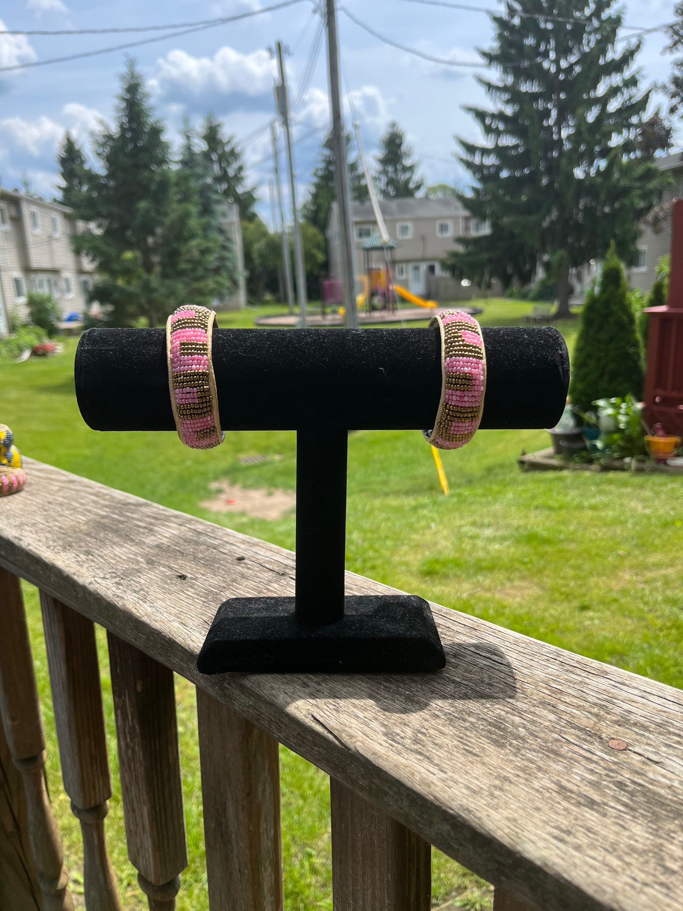 PINK AND BRONZE Beaded Bracelet with leather inside made in Mali (West Africa)