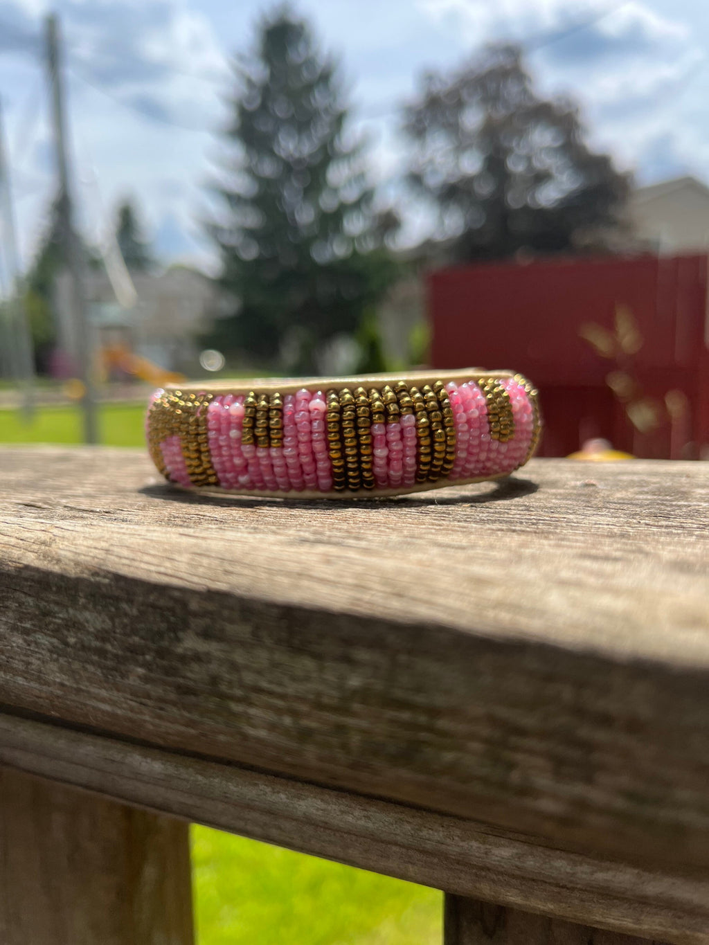 PINK AND BRONZE Beaded Bracelet with leather inside made in Mali (West Africa)