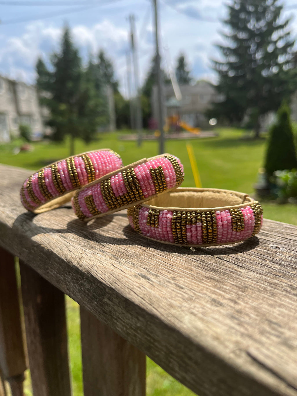 PINK AND BRONZE Beaded Bracelet with leather inside made in Mali (West Africa)