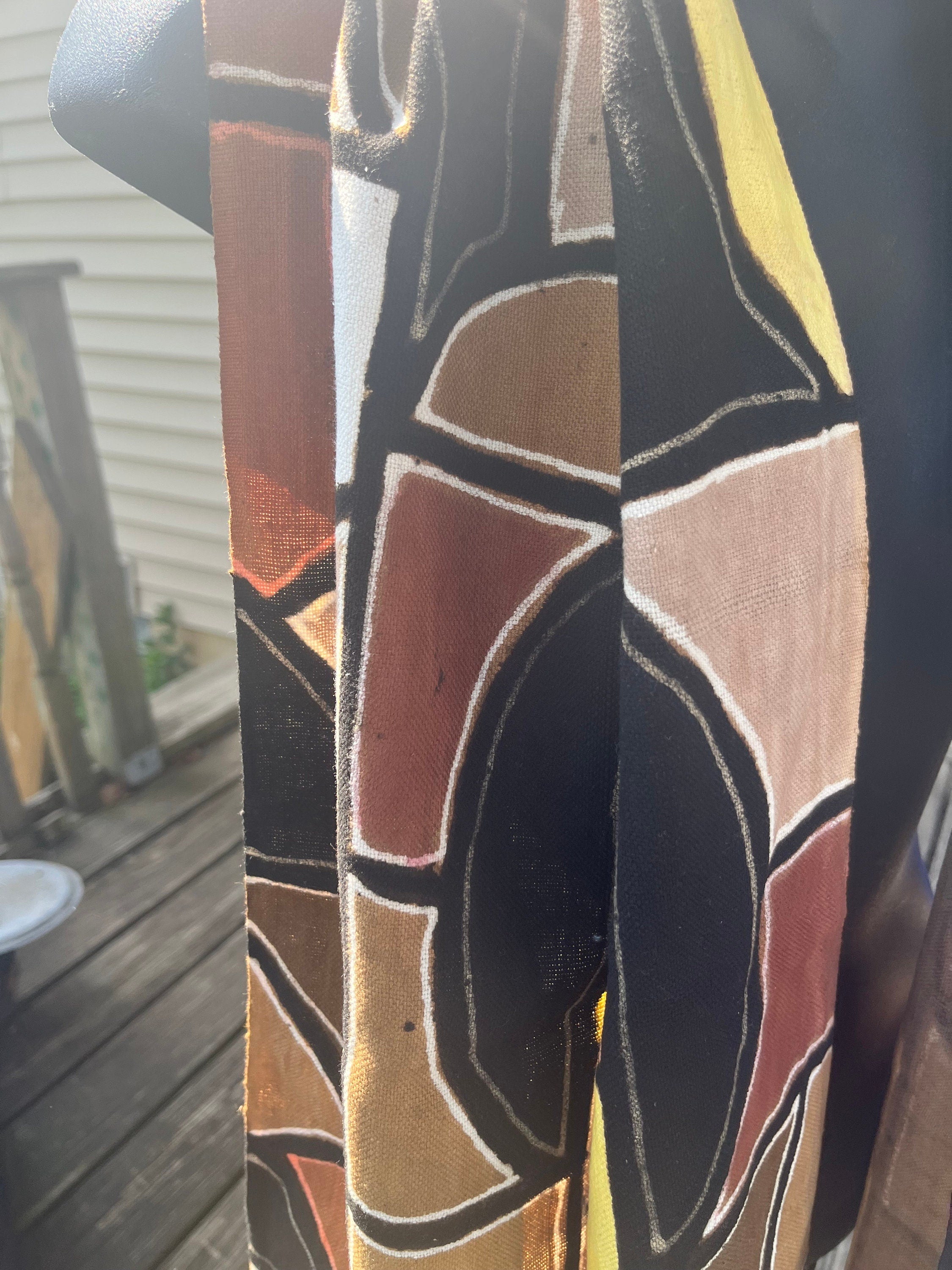 Mosaic Black Brown Yellow Scarf Traditonal Malian Bogolan Cotton Cloth
