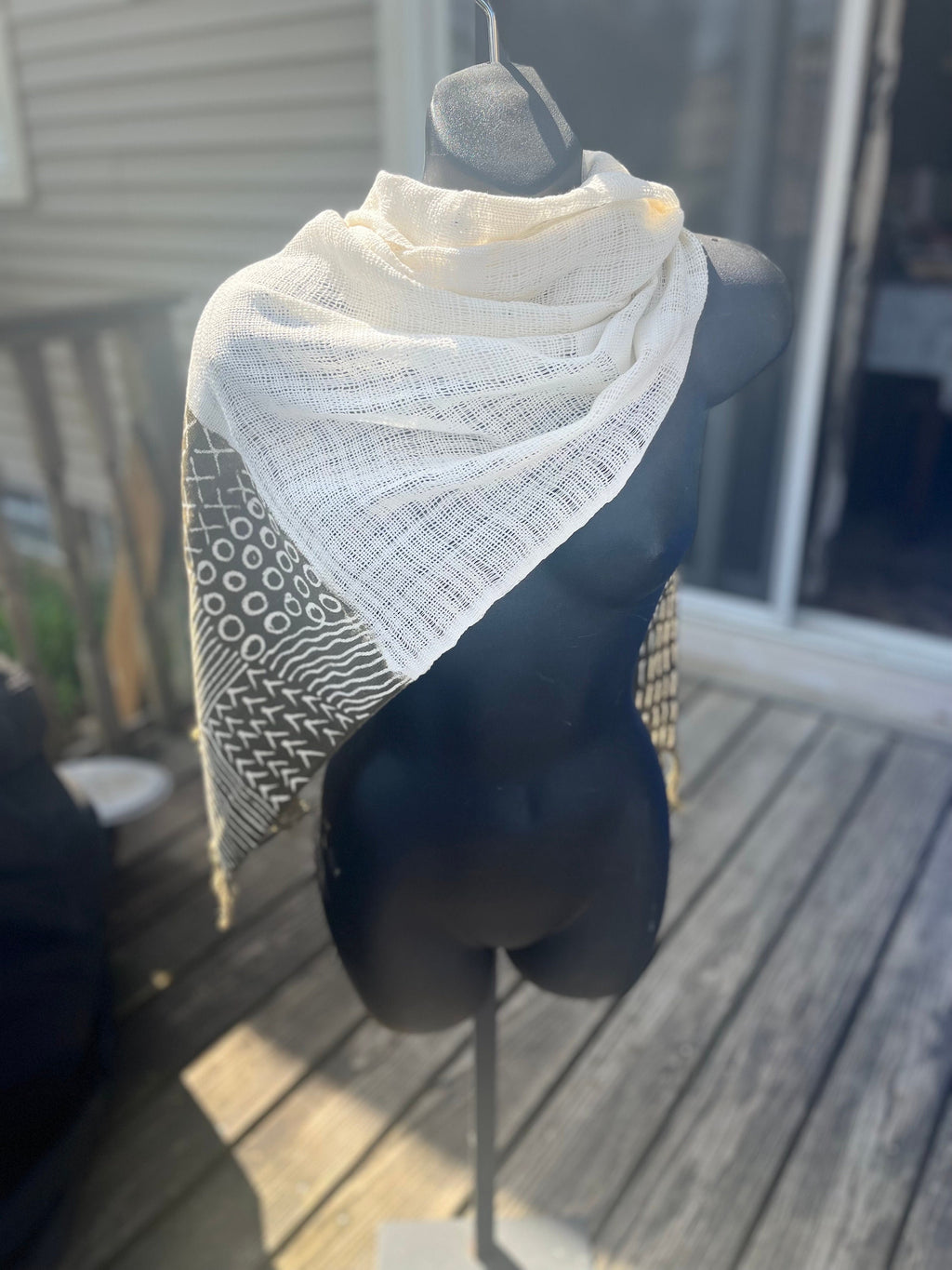 Dark Green and Off White Geometric Scarf Traditonal Bogolan Malian Cloth