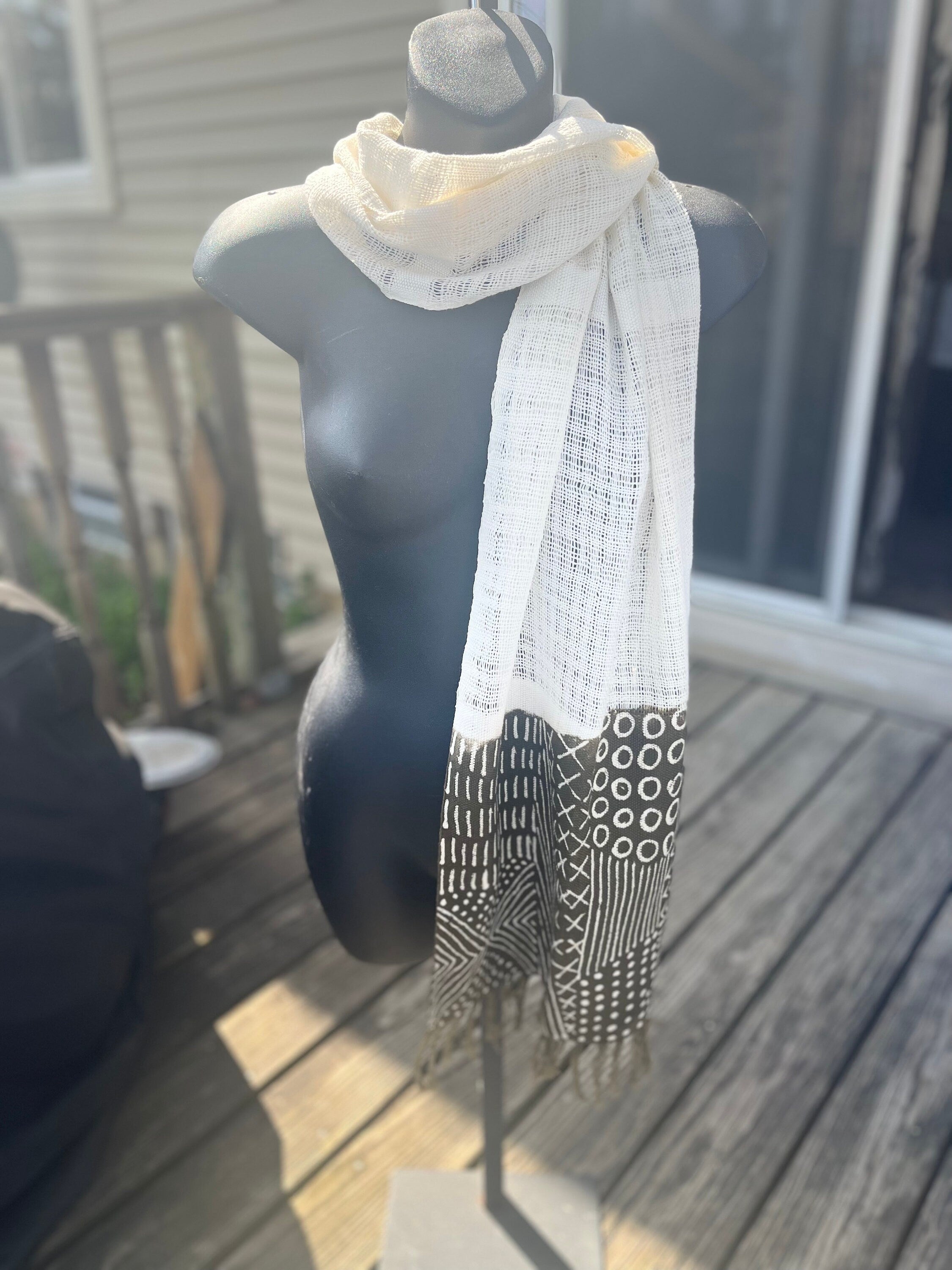 Dark Green and Off White Geometric Scarf Traditonal Bogolan Malian Cloth