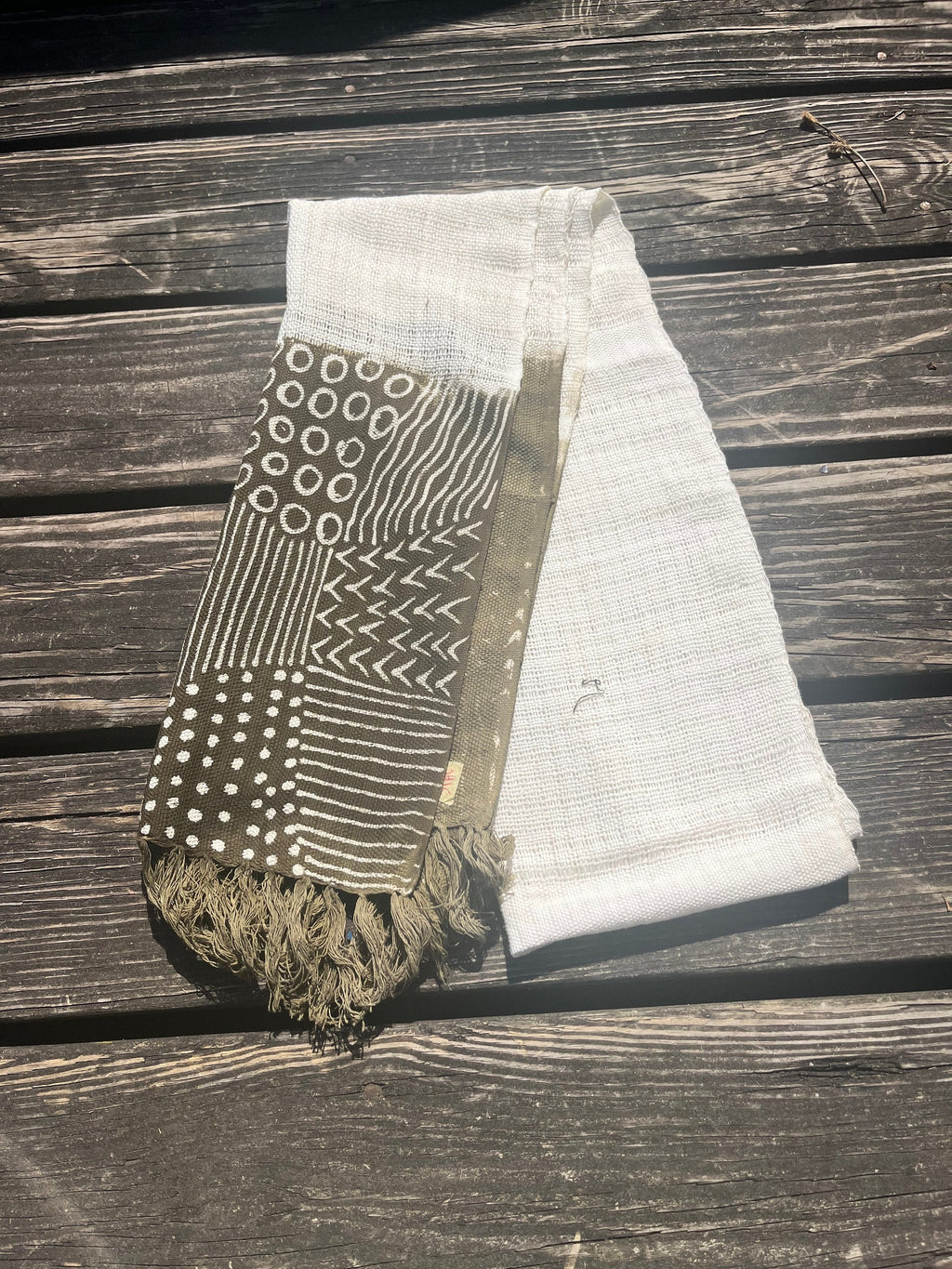 Dark Green and Off White Geometric Scarf Traditonal Bogolan Malian Cloth