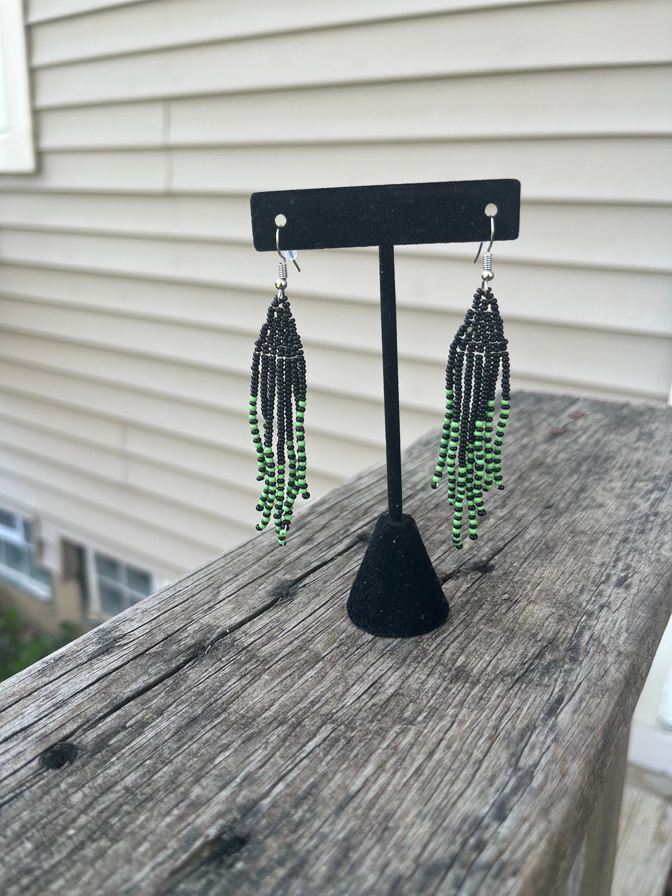 Black and Green Beaded TASSEL Earrings