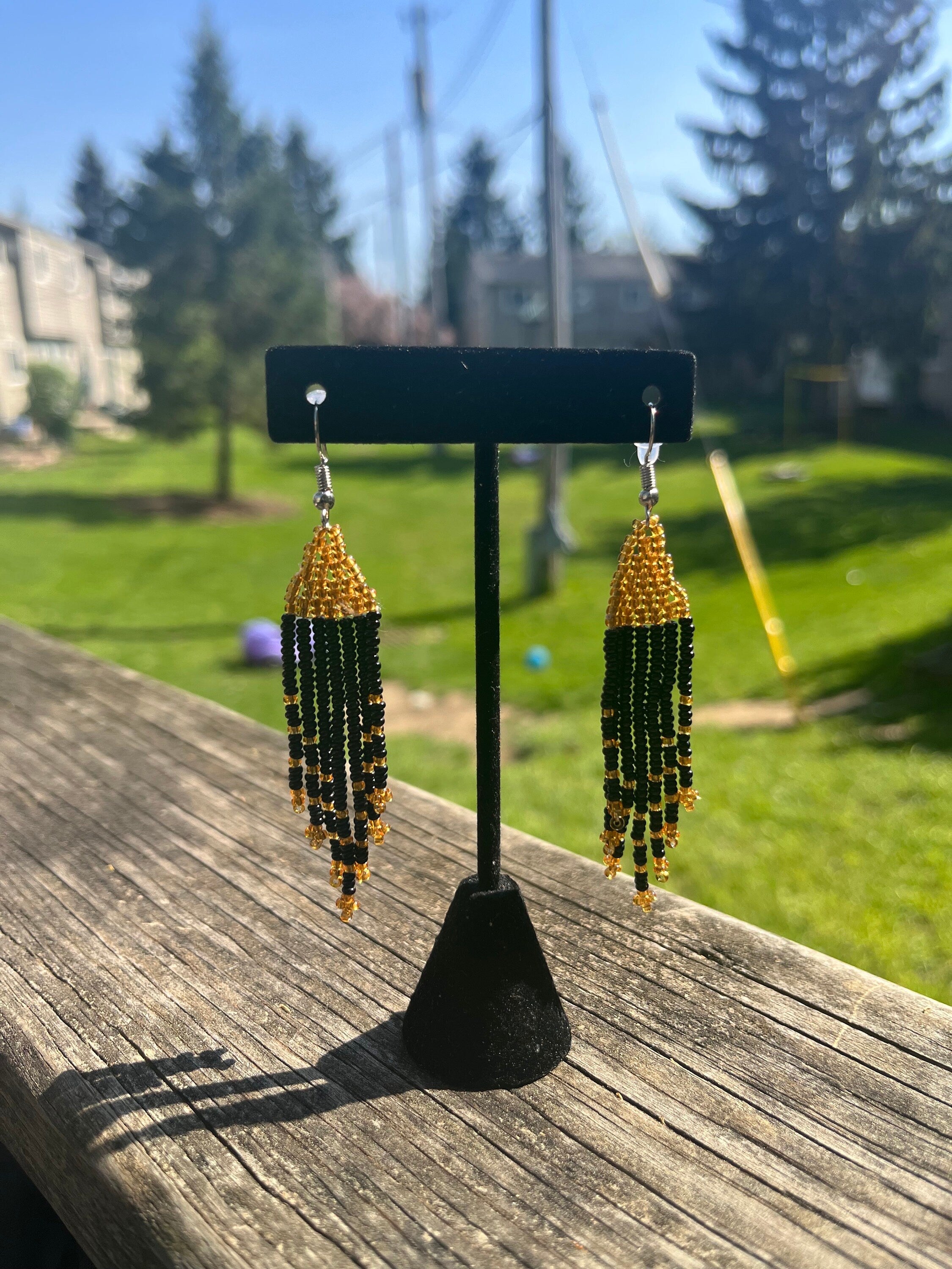 Black and Orange Beaded TASSEL Earrings