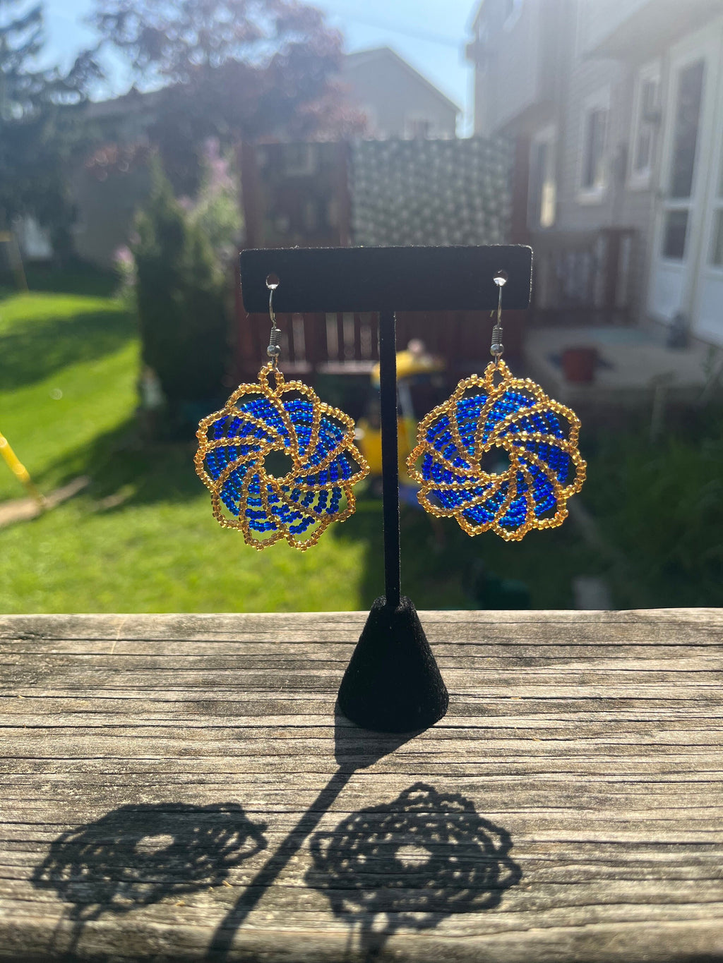 Blue and Peach Sun/Fan DANGLE Earrings