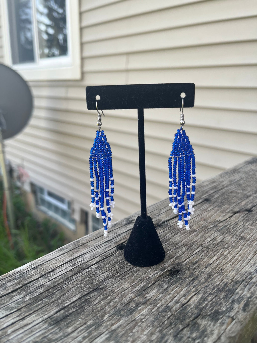 Blue and White Beaded TASSEL Earrings