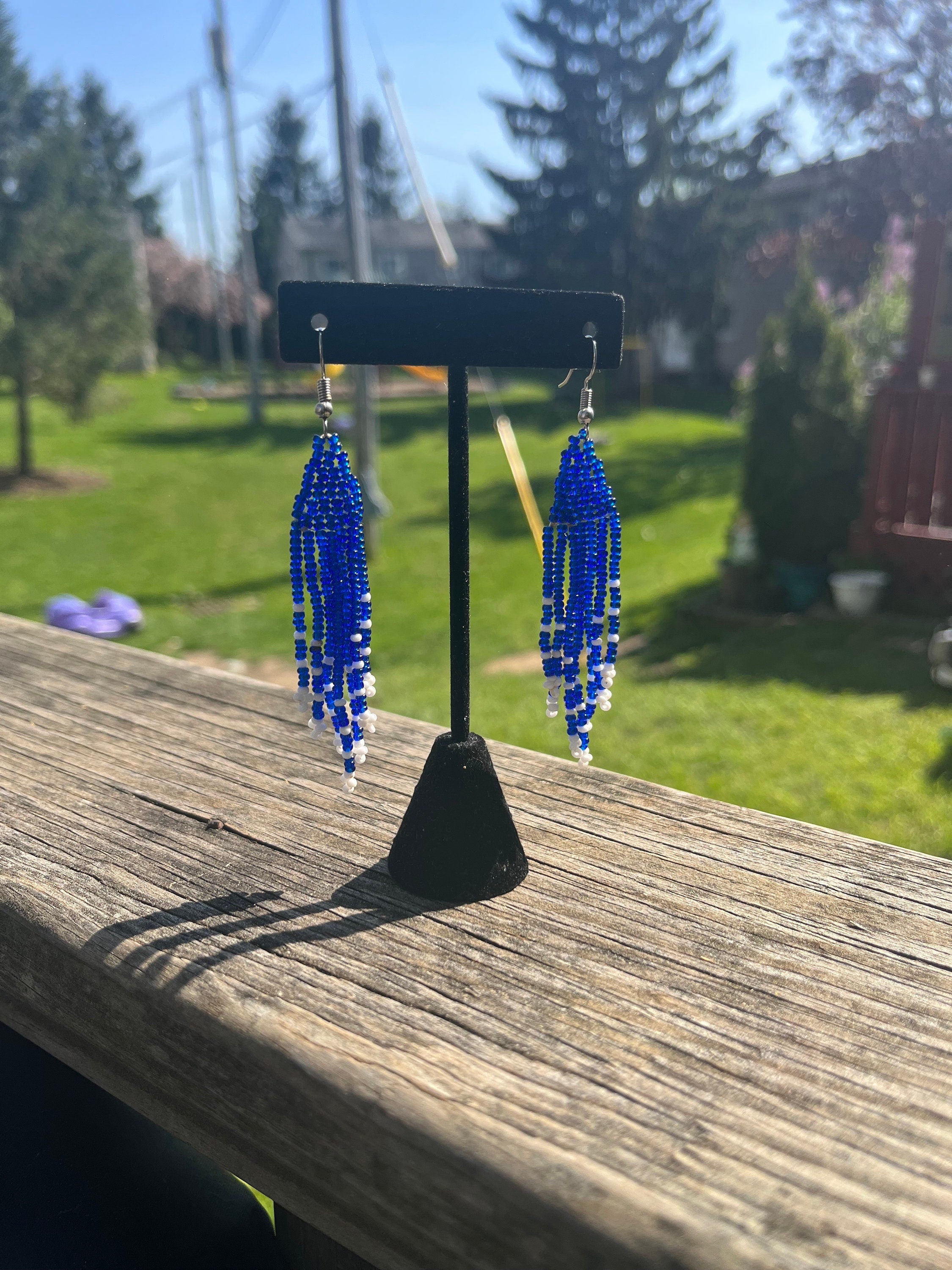 Blue and White Beaded TASSEL Earrings