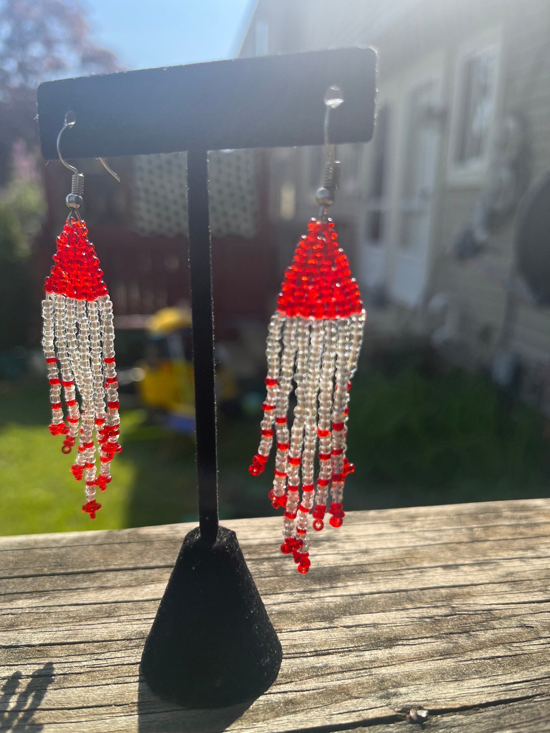 Red and Crystal Beaded TASSEL Earrings