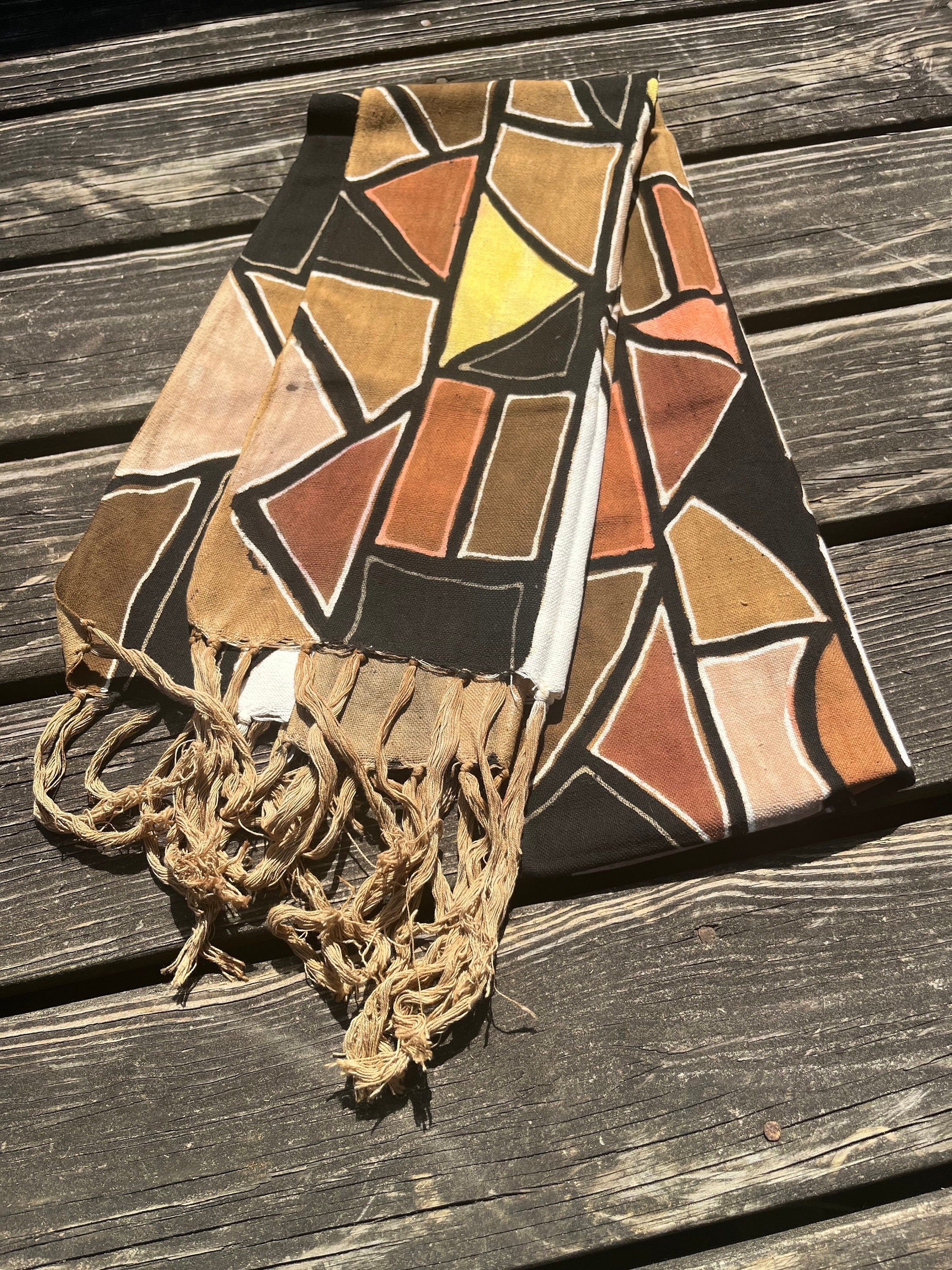 Mosaic Black Brown Yellow Scarf Traditonal Malian Bogolan Cotton Cloth