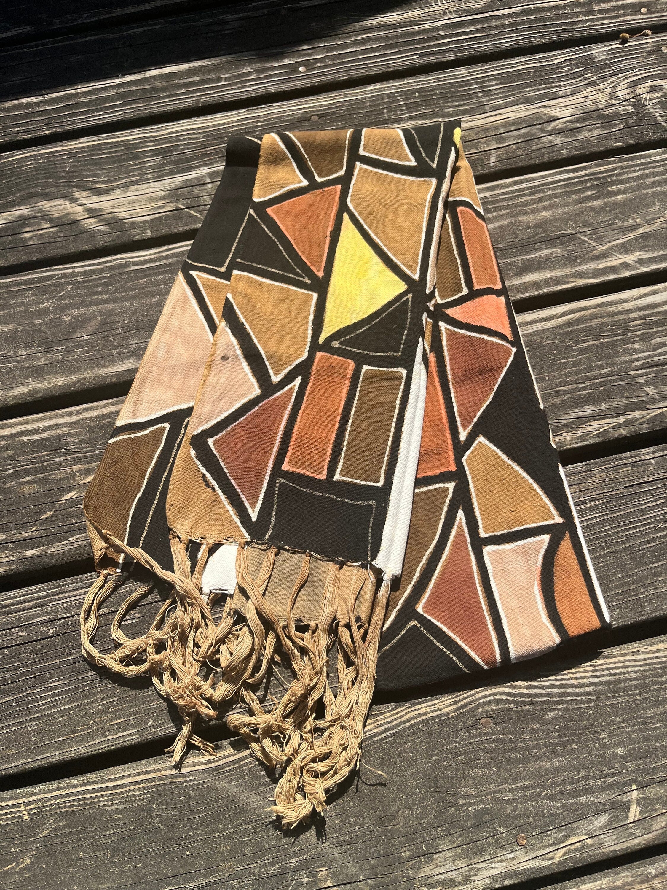 Mosaic Black Brown Yellow Scarf Traditonal Malian Bogolan Cotton Cloth