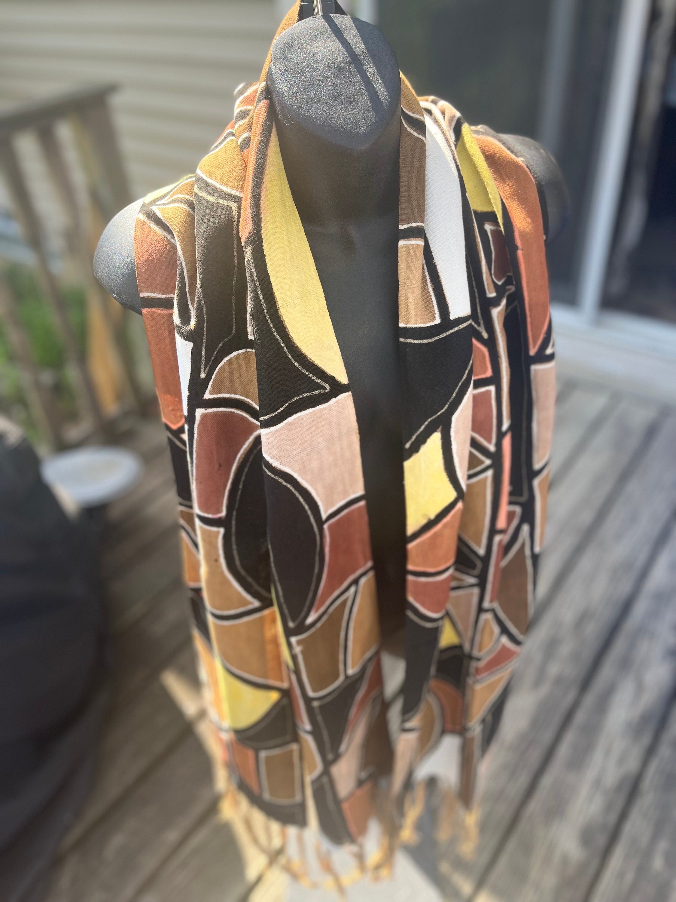 Mosaic Black Brown Yellow Scarf Traditonal Malian Bogolan Cotton Cloth