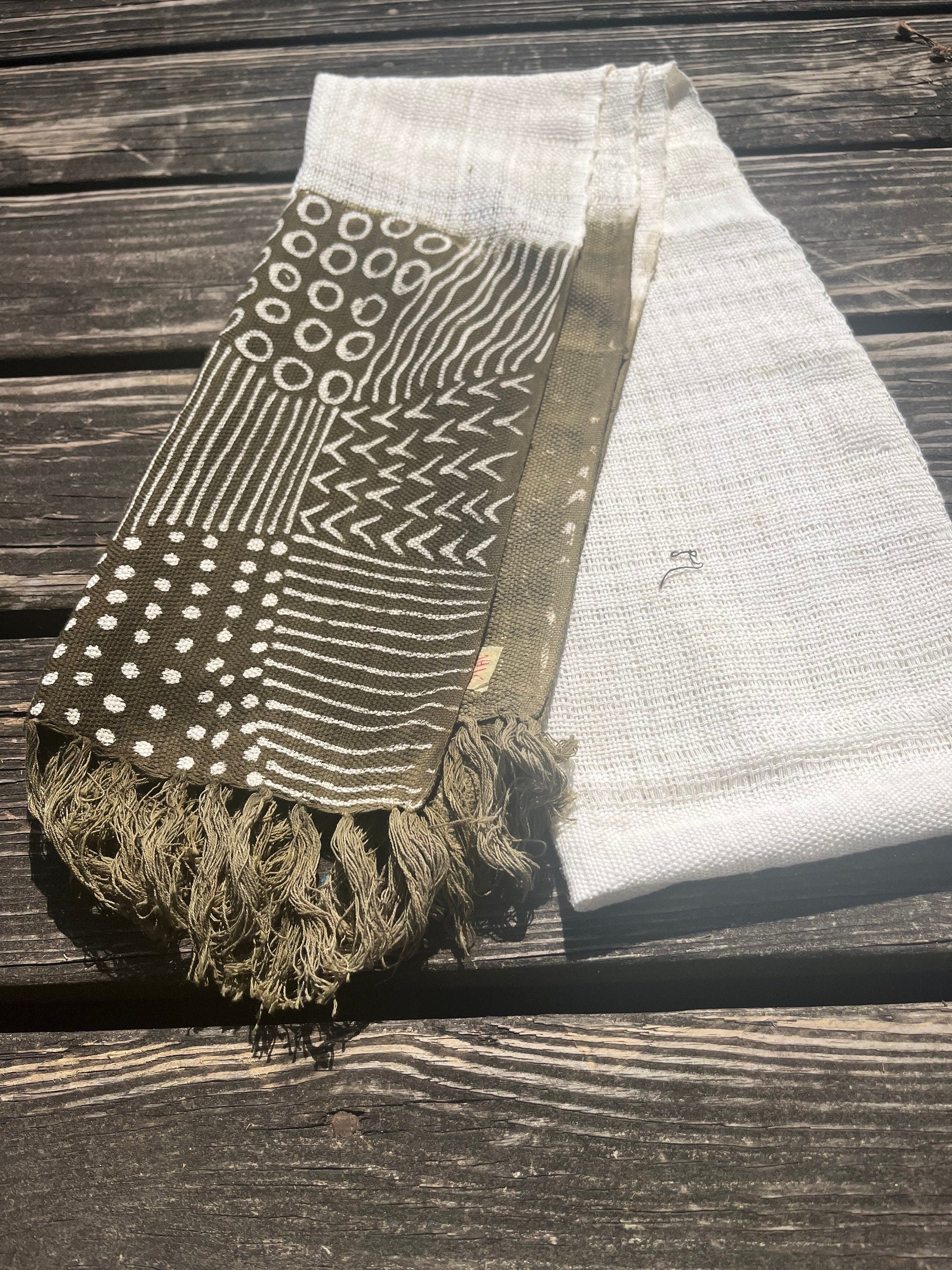 Dark Green and Off White Geometric Scarf Traditonal Bogolan Malian Cloth