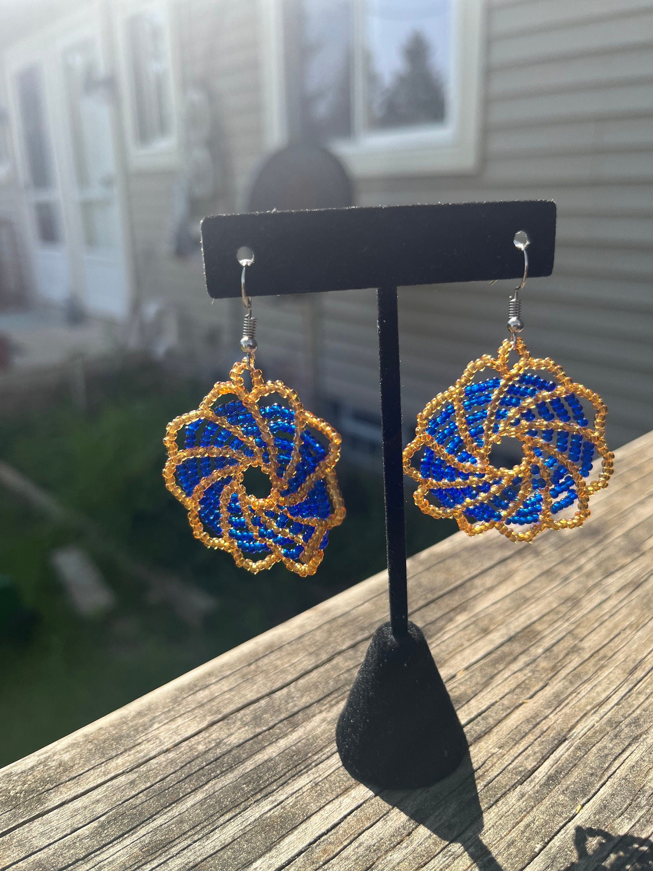 Blue and Peach Sun/Fan DANGLE Earrings