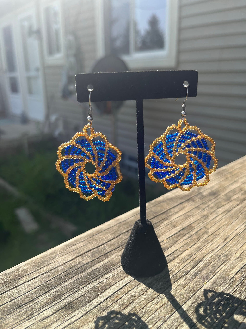 Blue and Peach Sun/Fan DANGLE Earrings