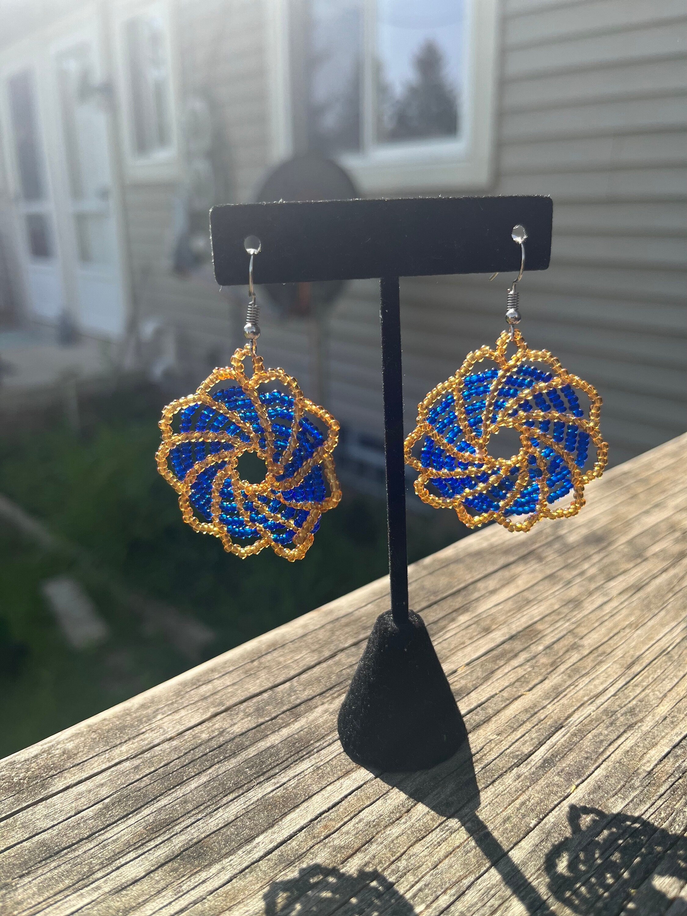 Blue and Peach Sun/Fan DANGLE Earrings