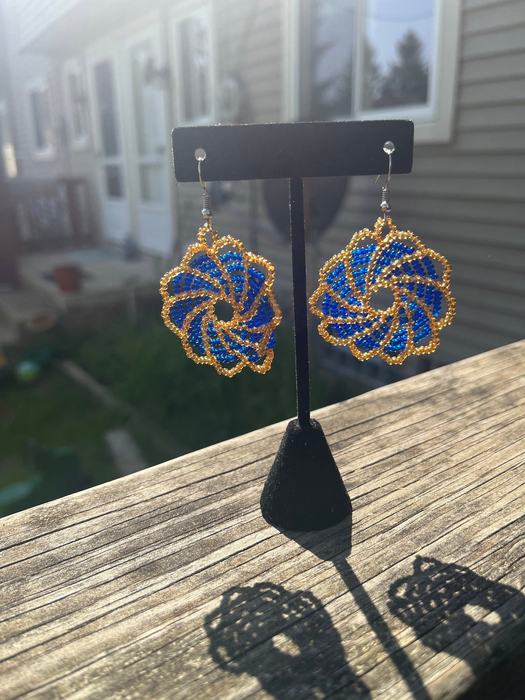 Blue and Peach Sun/Fan DANGLE Earrings