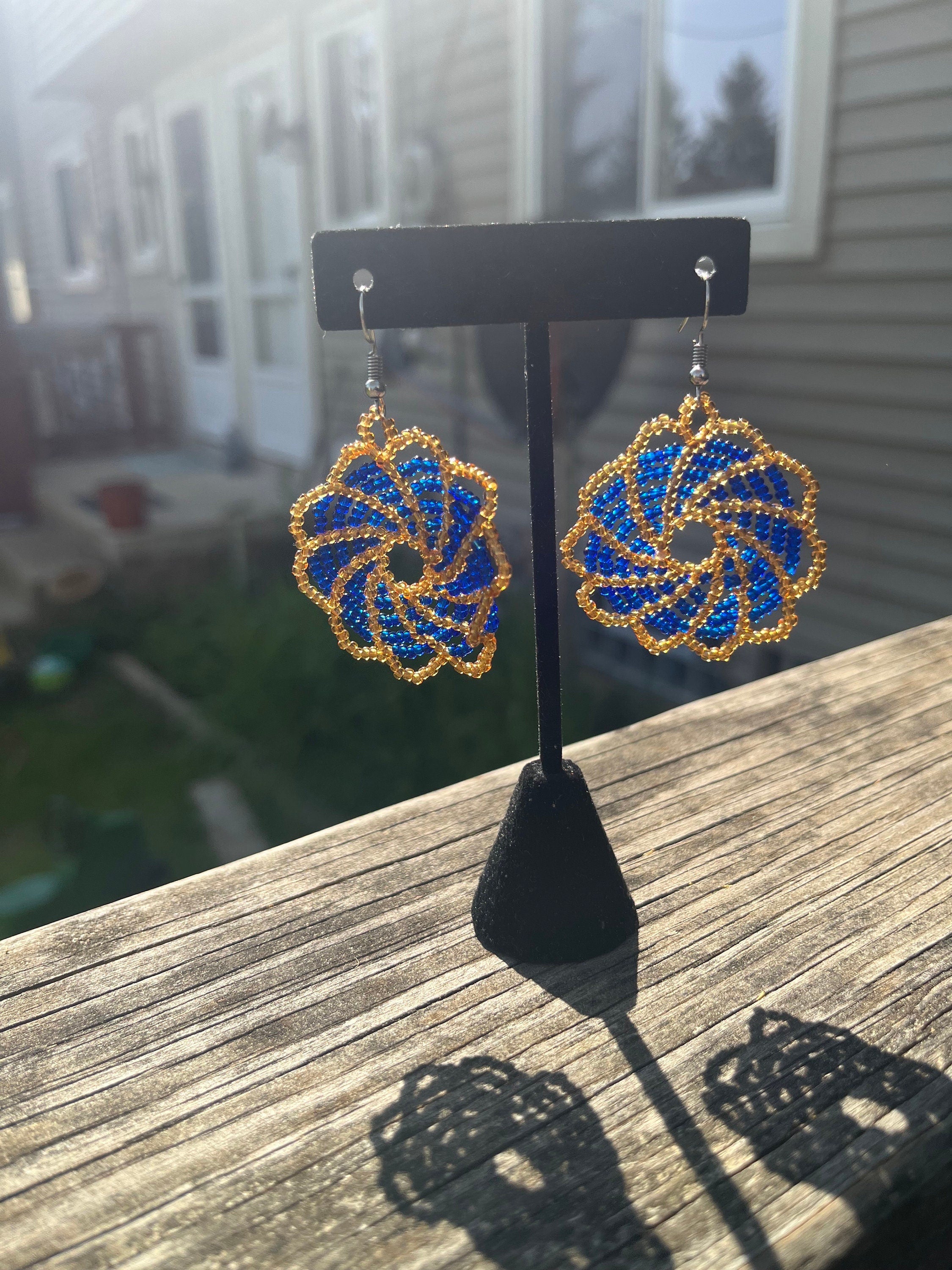 Blue and Peach Sun/Fan DANGLE Earrings