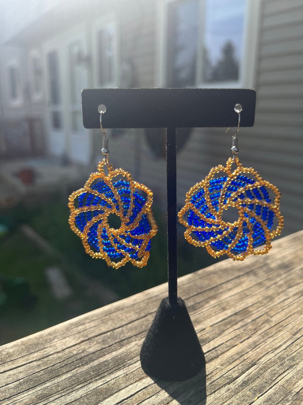 Blue and Peach Sun/Fan DANGLE Earrings