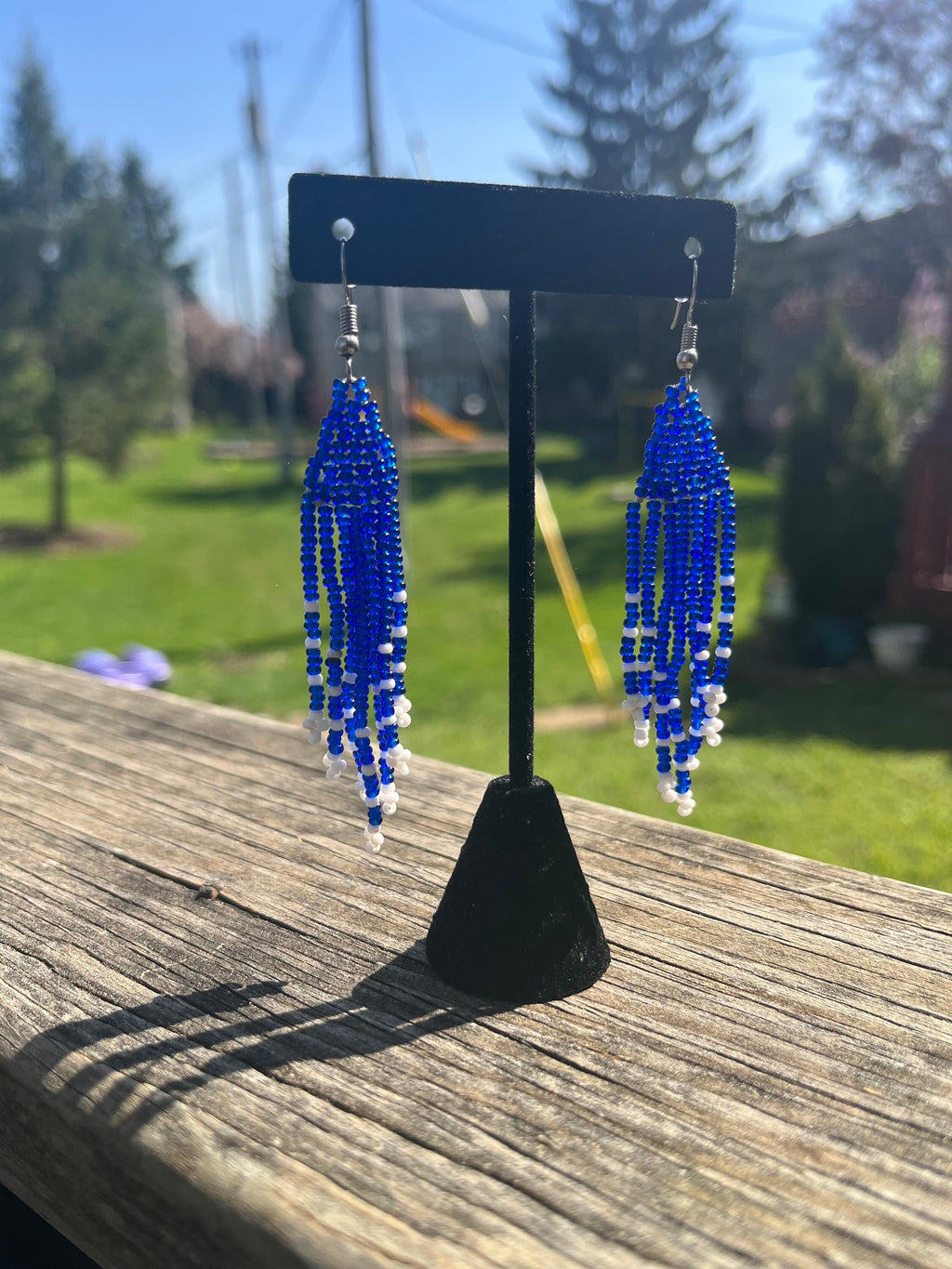 Blue and White Beaded TASSEL Earrings