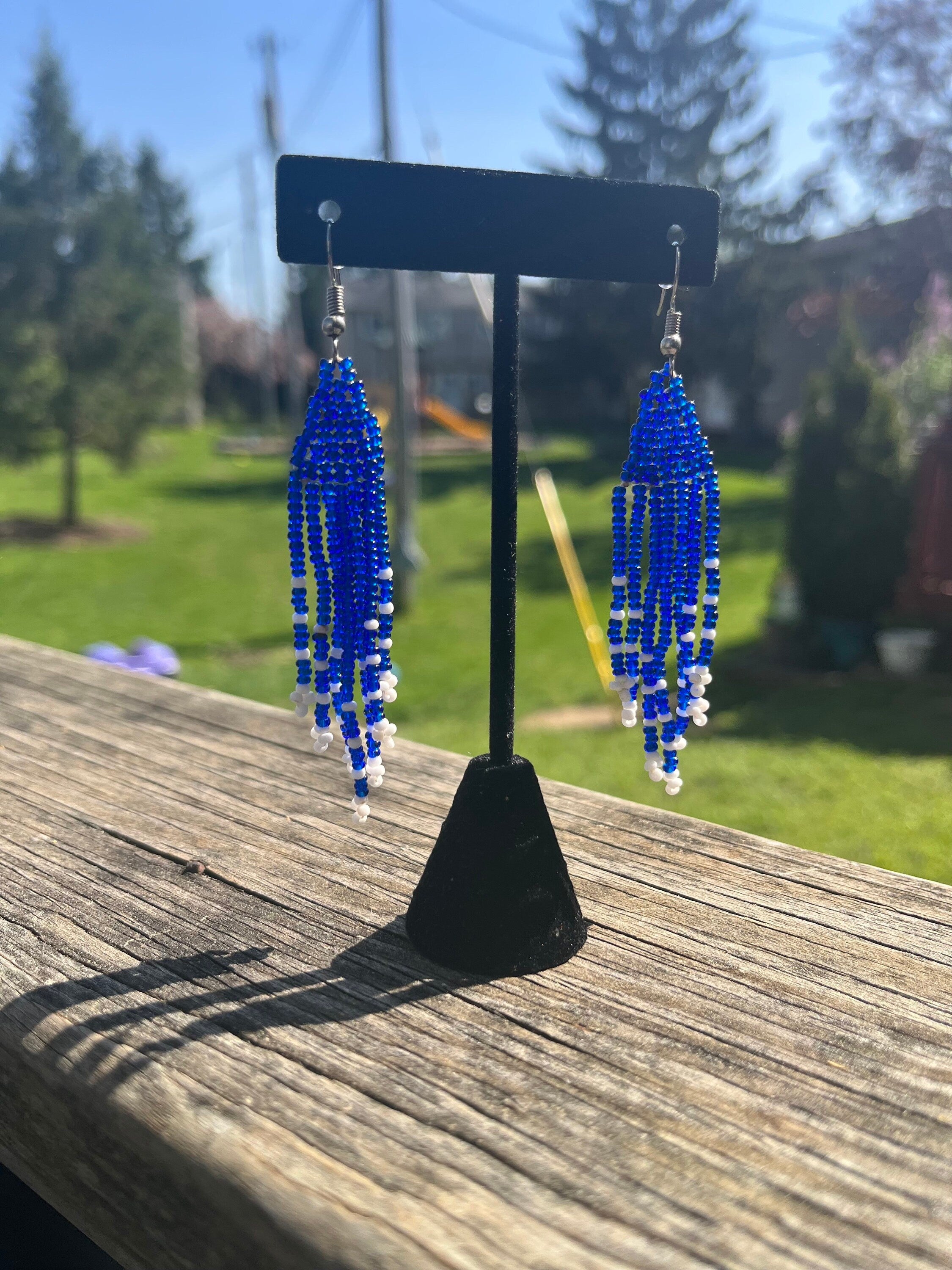 Blue and White Beaded TASSEL Earrings