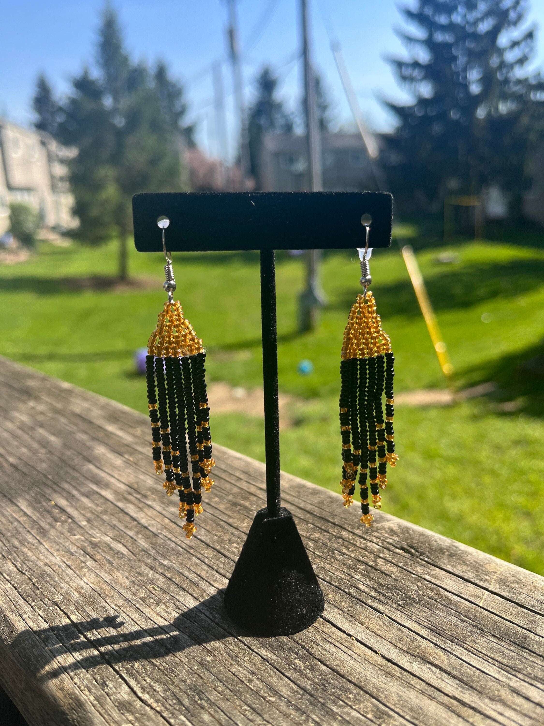 Black and Orange Beaded TASSEL Earrings