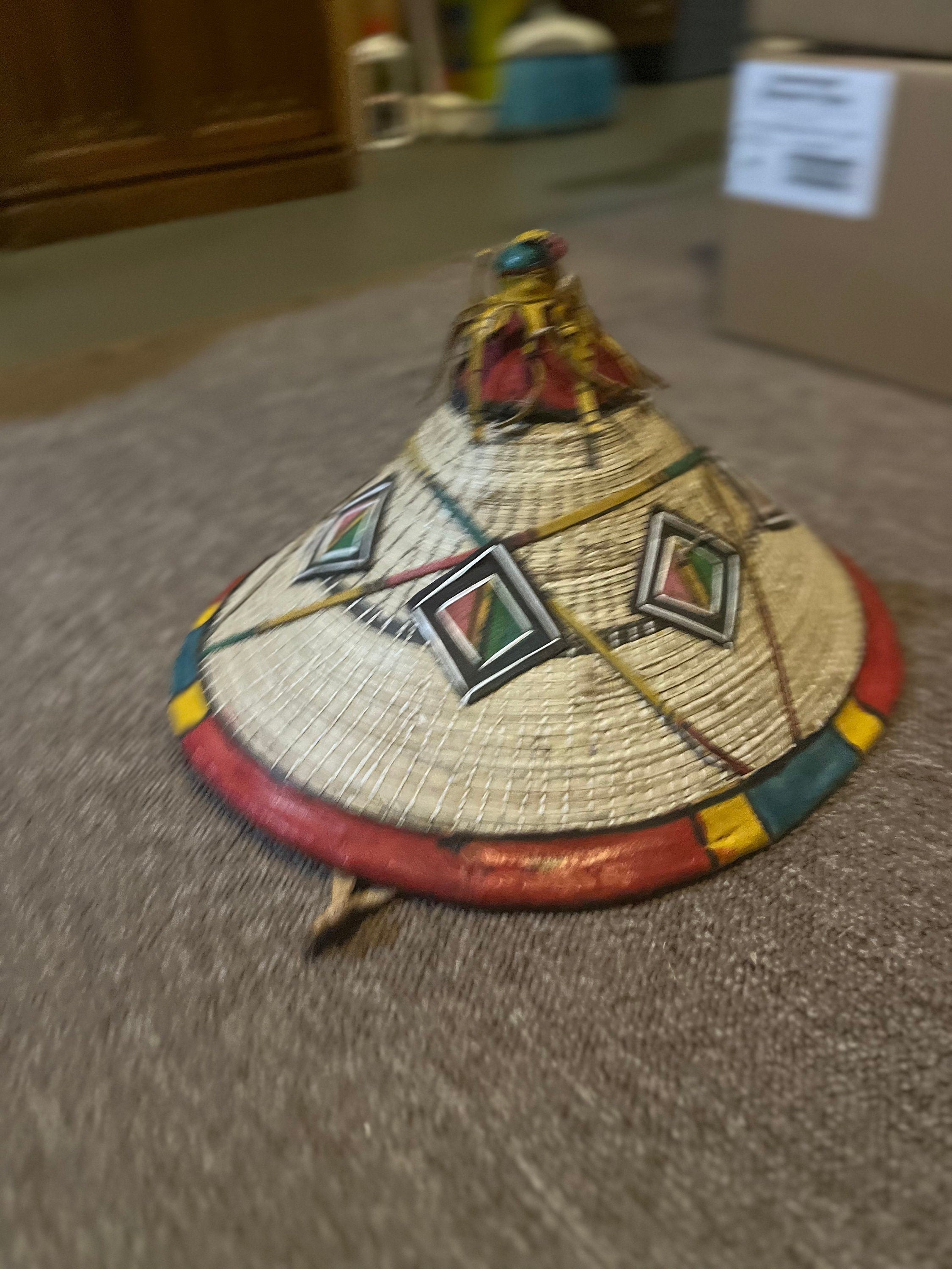 Authentic Multicolor Handmade Fulani Leather Conical Straw Hat