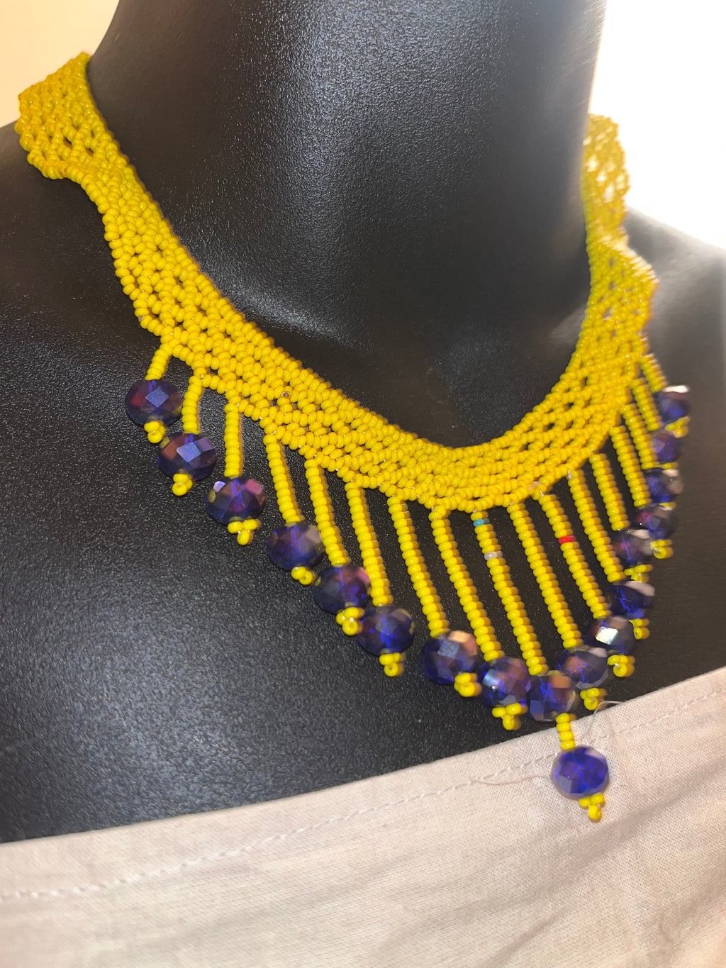 African Yellow and Blue Beaded Necklace and Earring Set
