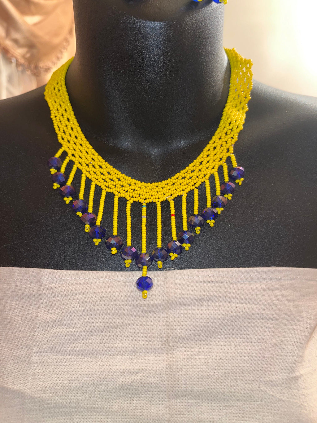 African Yellow and Blue Beaded Necklace and Earring Set