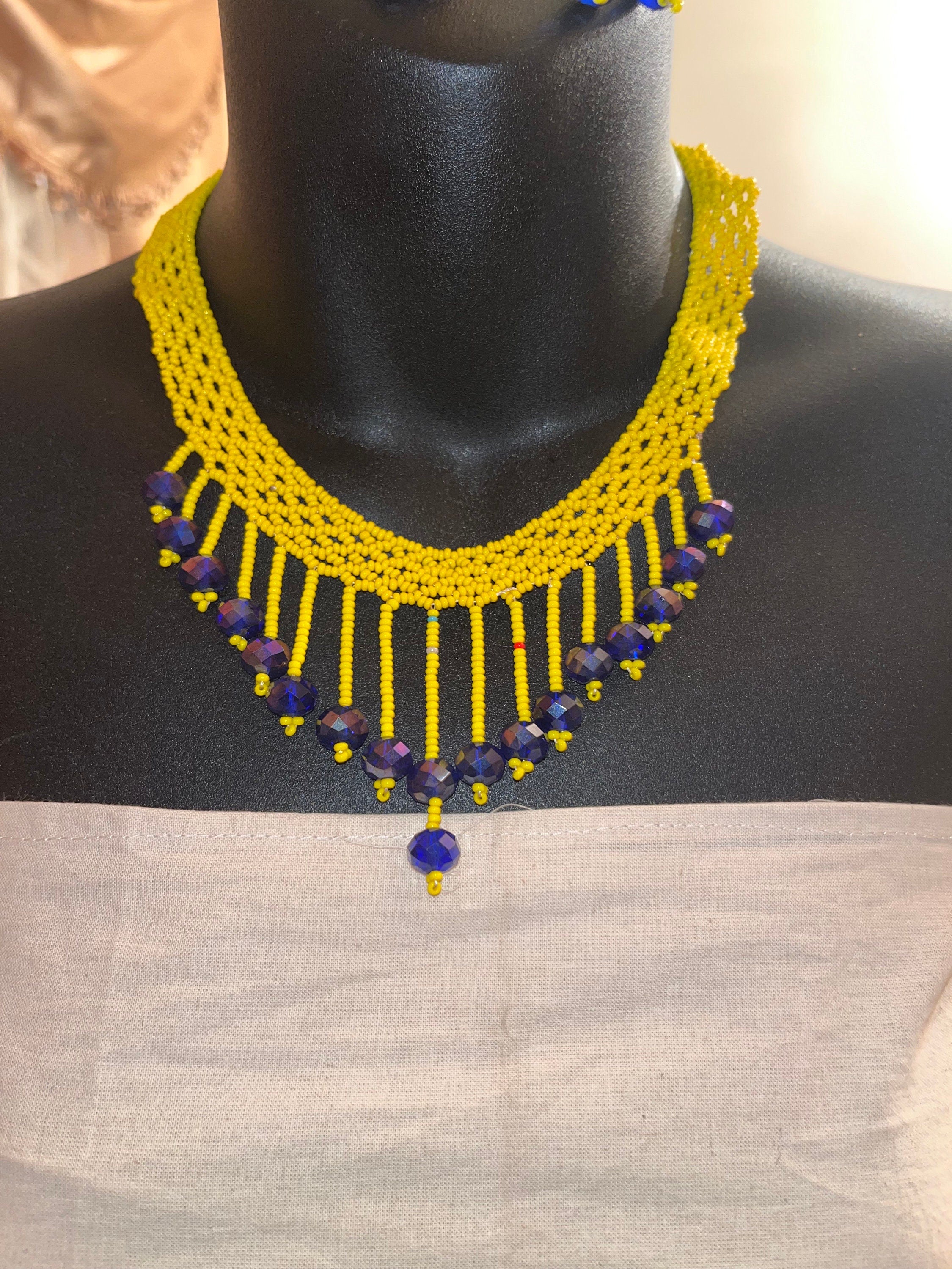 African Yellow and Blue Beaded Necklace and Earring Set