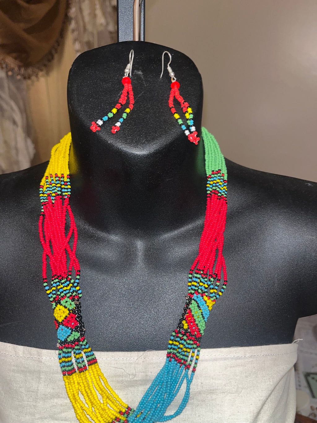 African Multicolor Twisted Beaded Necklace and Earring Set