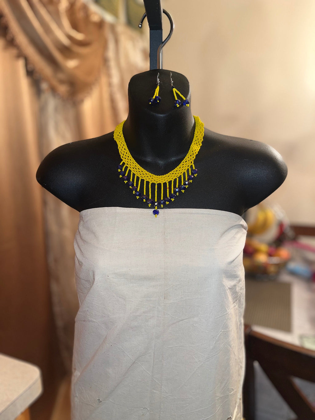 African Yellow and Blue Beaded Necklace and Earring Set