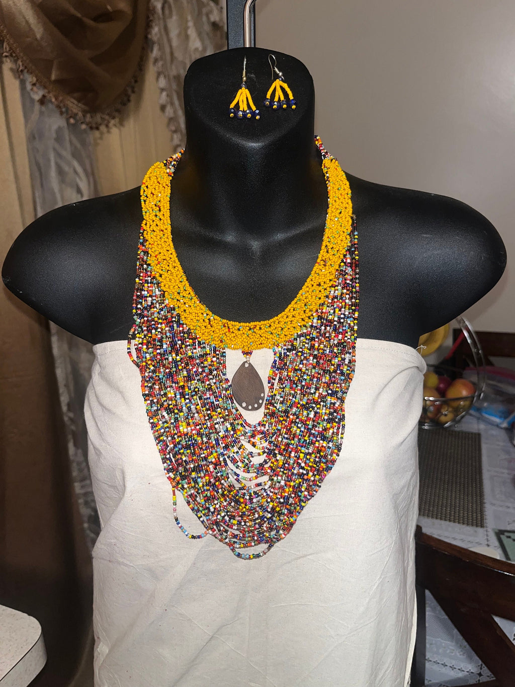 African Multicolor Beaded and Wooden Necklace and Earring Set
